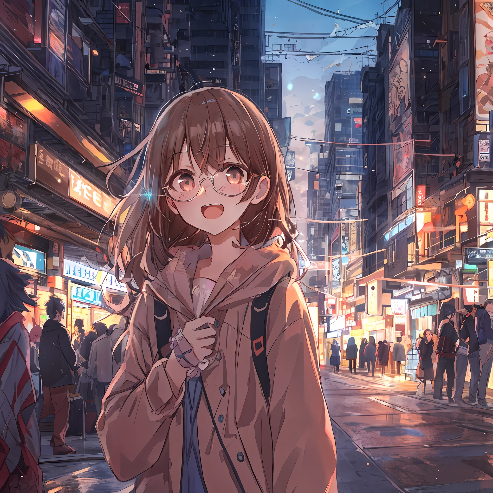 absurderes, hight resolution, (Anime style:1.1), ((masutepiece)), ((Best Quality)), (Ultra-detailed), (Beautiful), 独奏, Beautiful face、(liftup),Cute girl standing on street on neon street in city,Wind,thin brown hair, eyes are brown,Casual clothing,Laugh,Looking at Viewer,Lens Flare,Dramatic,Lots of crowds、Wearing fashionable sunglasses