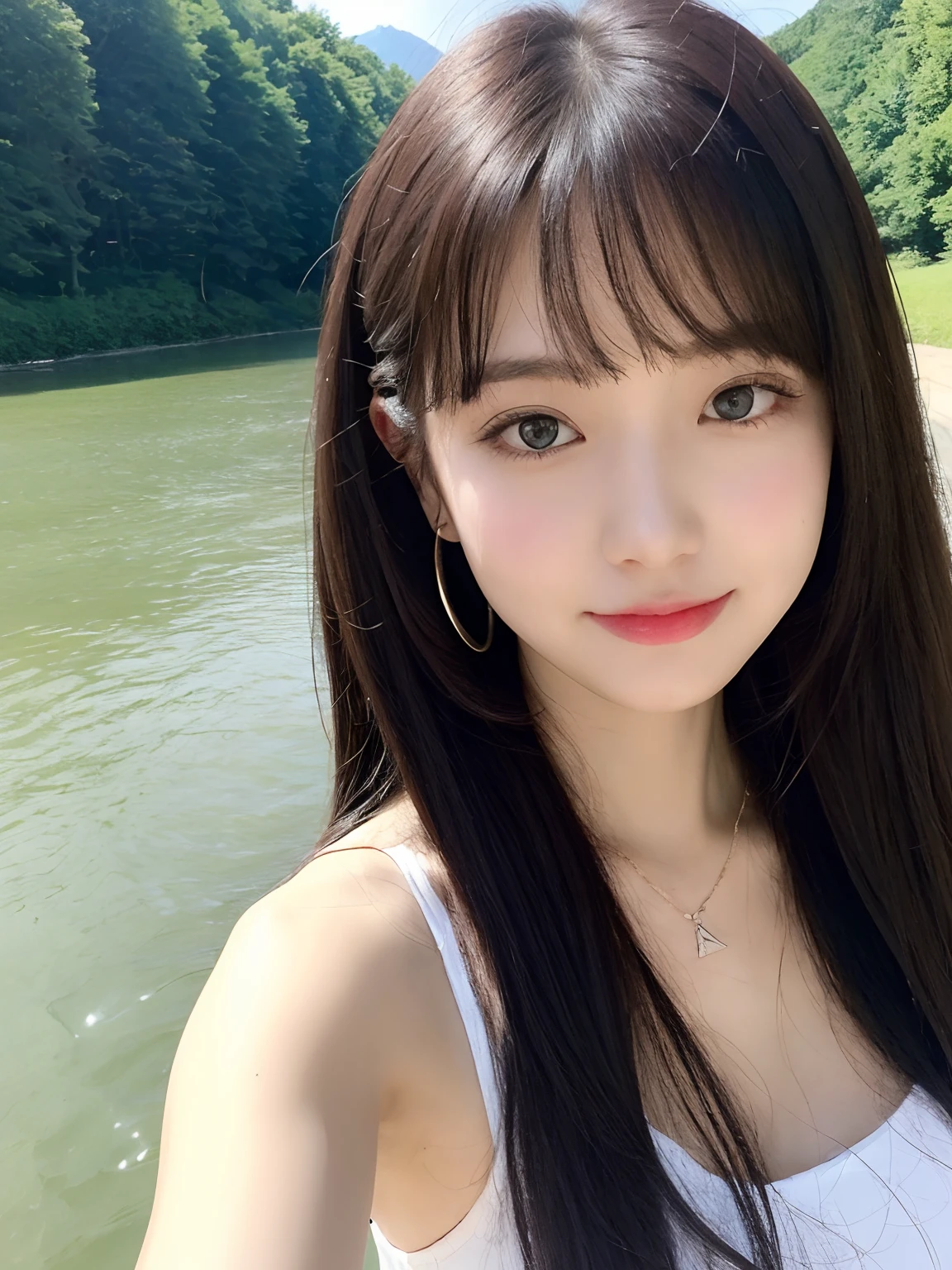 Delicate facial features Bangs Brown ponytail Messy hair Hair is very realistic Wearing a short-sleeved white shirt Sky background Seascape Du Qiong Exquisite makeup Thin red lips Smiling face Big eyes Double eyelids Black hole Bright eyes Symmetrical face Face is very realistic Carefully drawn girl'Facial blush Ultra-high quality look Extremely realistic skin Sebum reflection Artwork Clothes with real fabric texture Photorealistic painting Movie style Photo-level Ray tracing Realistic light and shadow effects Realism Masterpiece Like the above photo effects 8K highest quality is complete