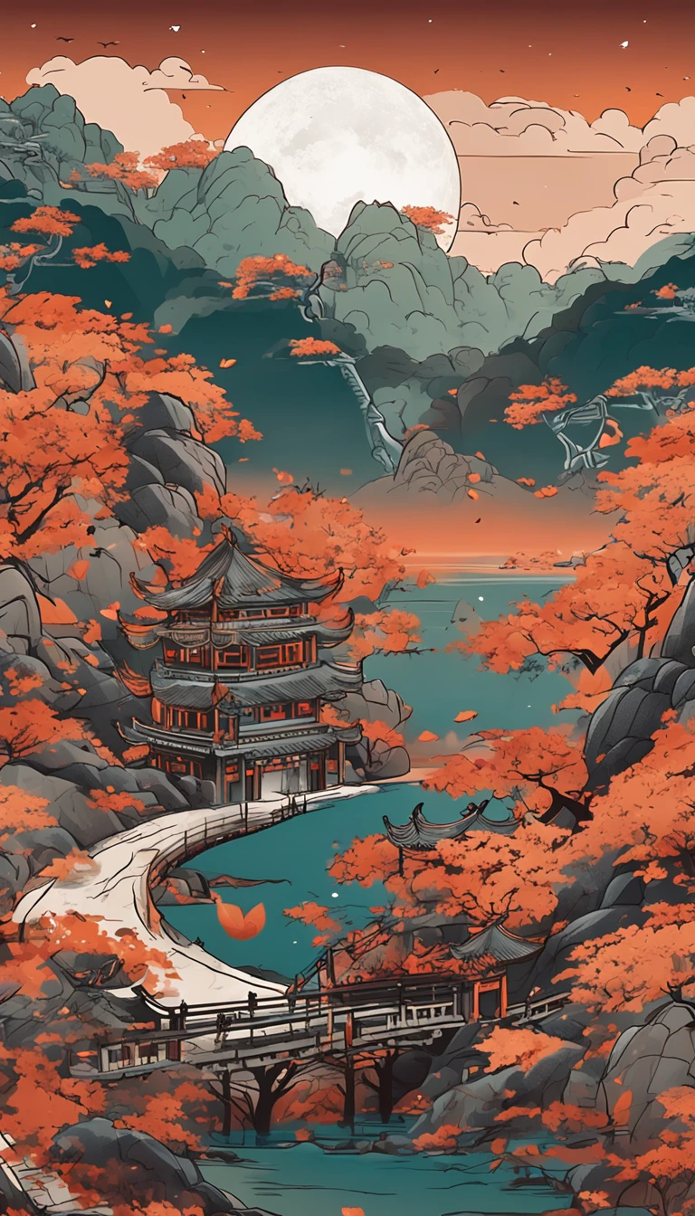 autumnal,Full moon,traditional Chinese festivals,An idyllic Chinese mural, em cor azul escuro,nighttime scene, Layered landscape, monumental murals, Ricoh FF-9D, Golden Age aesthetics,The picture is clean,Leave white space