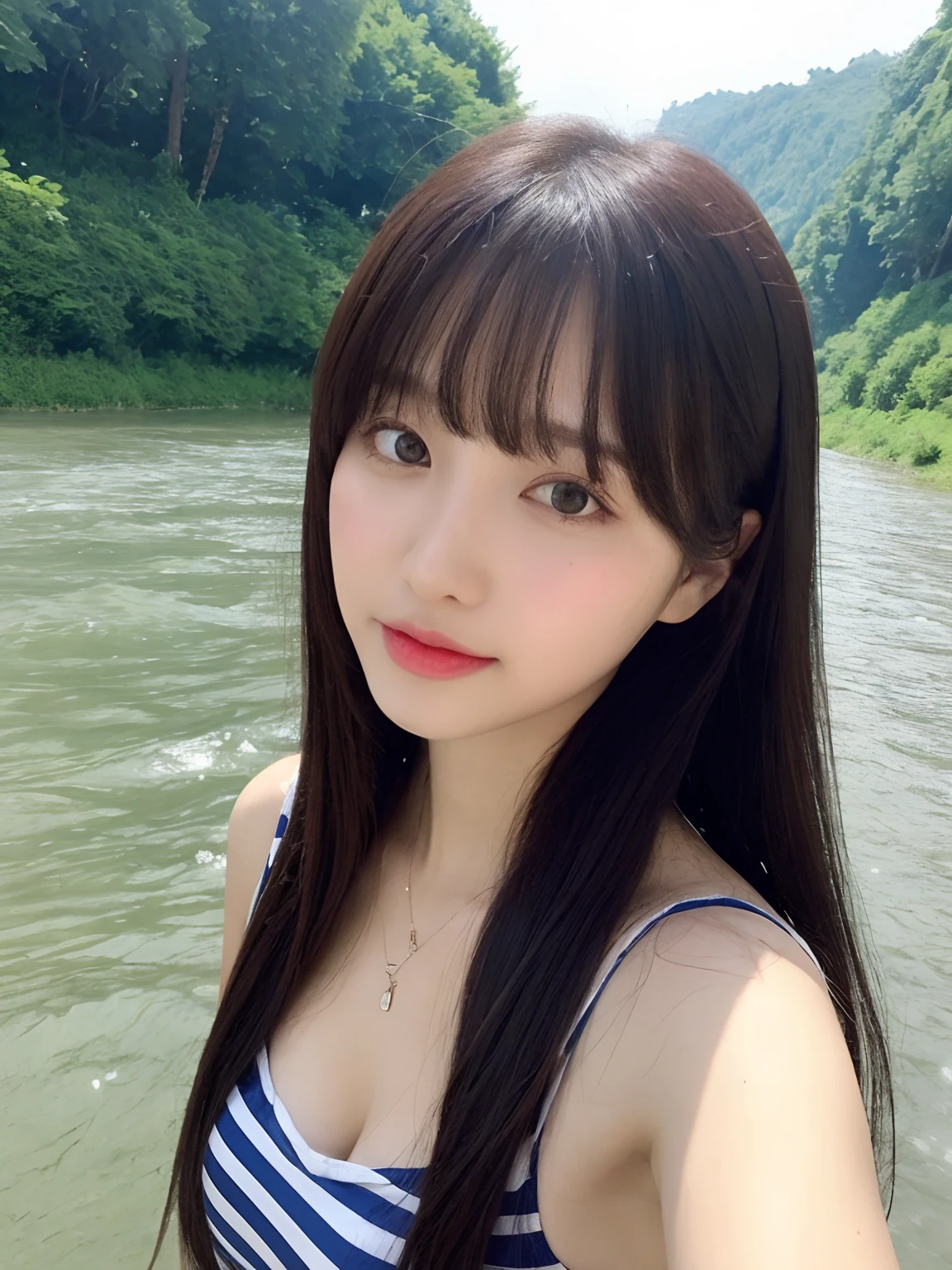 ((High definition))、((high quality))、8K))、((Korean Beauty))、((Realistic))、((Realistic))、Beach、Beautiful sea、Purple Bikini、Jet Black Hair、Long Hair、Very white skin、21 years old、((Small face))、A little chubby、Takahashi Juri、Juri 、rocket punch juri、Heavy makeup、Plump body、Close-fitting swimsuit、A little big butt