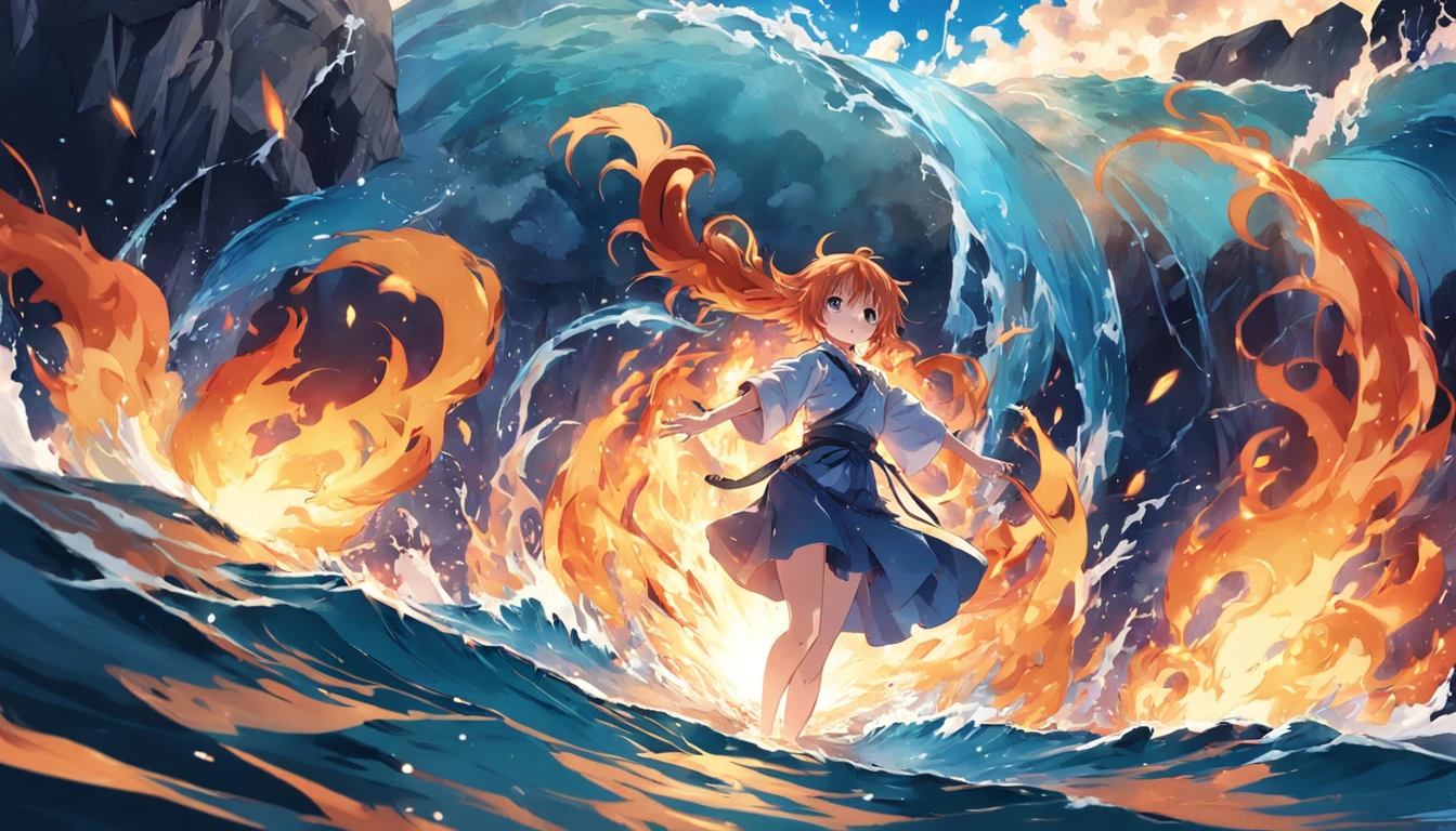 Anime girl in a dress standing in the water with a large wave - SeaArt AI