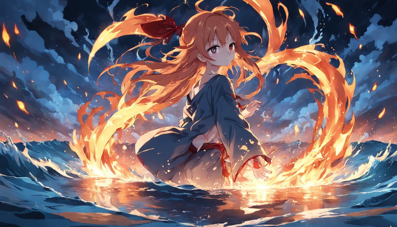 (masterpiece, best quality) anime scene, rule of third, water and fire element, mix of water and fire, water orb and fire orb, no character