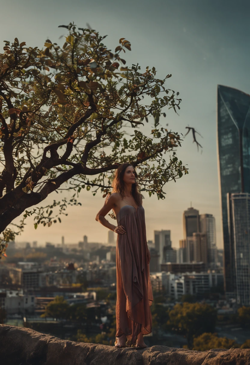 Naked girl. Age 30-35 years old. Standing on a small tree. Front to the camera. City in a background.