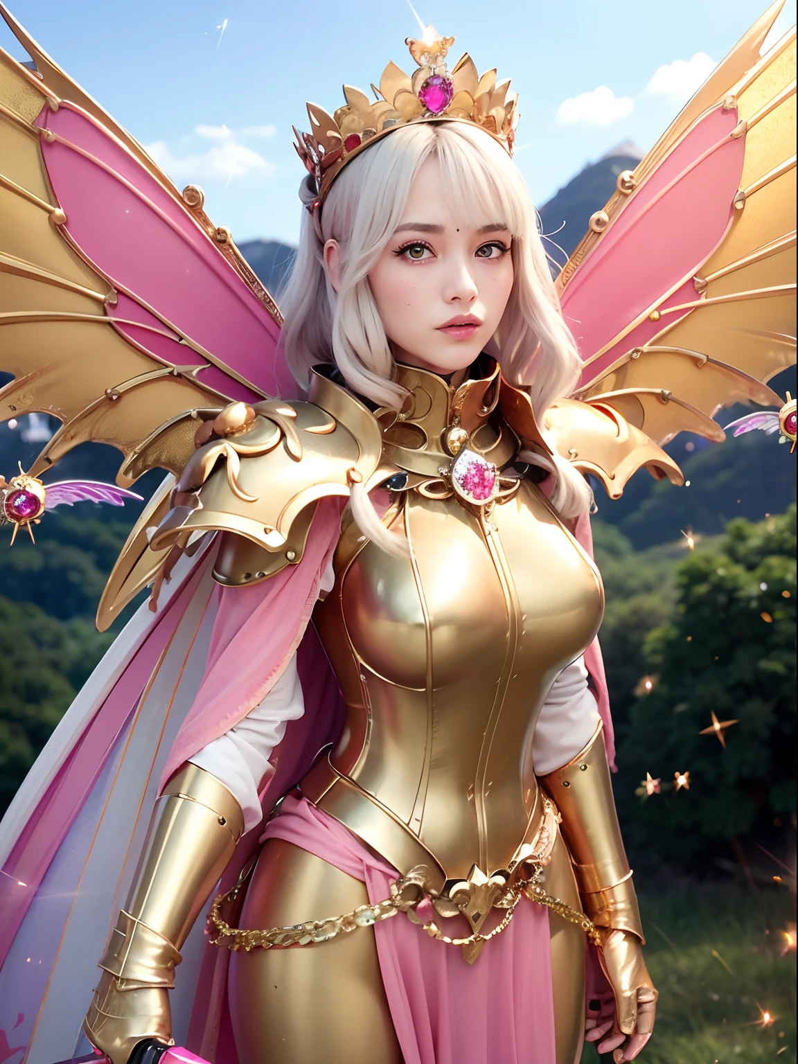 (masutepiece), Professional , ​masterpiece、top-quality、photos realistic , depth of fields （Gemstone Silver Metal Body:1.９),(Matte Pink、Jewel Gold Weapon、（Gorgeous castle background）、（ultimate beauty girl）、（Rainbow fairy wings grow）、Particles of light、（Jewel Metal Body:1.９),Gorgeous Jewel Metal Weapons , Detailed Sword of the Brave ,（ a blond）   ,warhammer 40k , adepta sororitas,Detail and ornate jewel crown、独奏、Brown hair、（Gangle's forest background）、Beautiful Caucasian beauty、１a person、dynamic ungle,(((Diamond tiara with detail and luxury)))、a small face、Powerful poses、（Gorgeous castle background）、huge filesize、20 year old beautiful woman、Stand in the center of the screen、Thin female fingers、Straight long hair、Beautiful Caucasian beauty、（maikurobikini）、Hair fluttering in the wind、face forwards、Look at viewers、