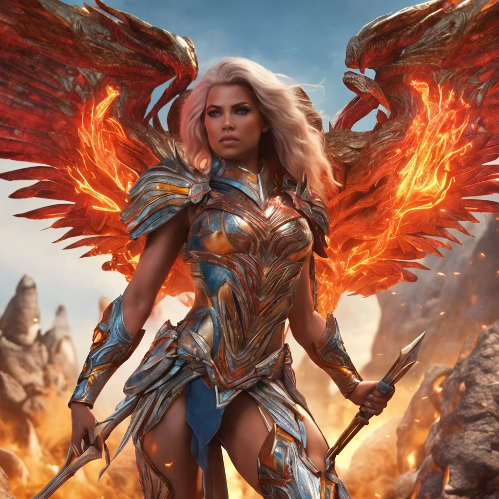 Khloé Kardashian, in super girl costume, a heroine, Full body female Greek god in intricate armor wielding control over a fierce fire dragon, holding arrow, glowing skin, detailed chest plate, wild flowing hair, bigbreasts, artgerm, hyperdetailed intricately detailed art trending on artstation triadic colors, intricate detail, 4k resolution