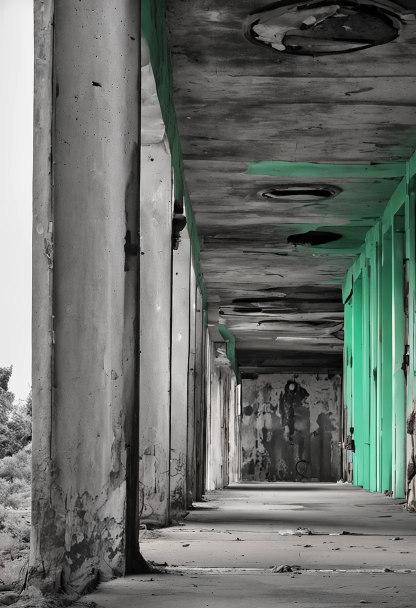 Overlooking a campus,There is a passage under the park,Gray-green tones,Broken,Paint off,cement wall,Rough room,darkly,unholy