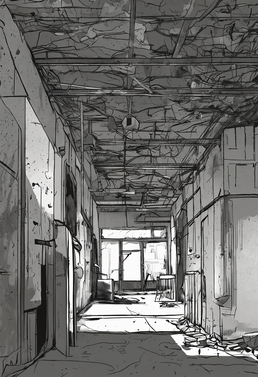 Overlooking a campus，There is a passage under the park，Gray-green tones，Broken，Paint off，cement wall，Rough room，darkly，unholy