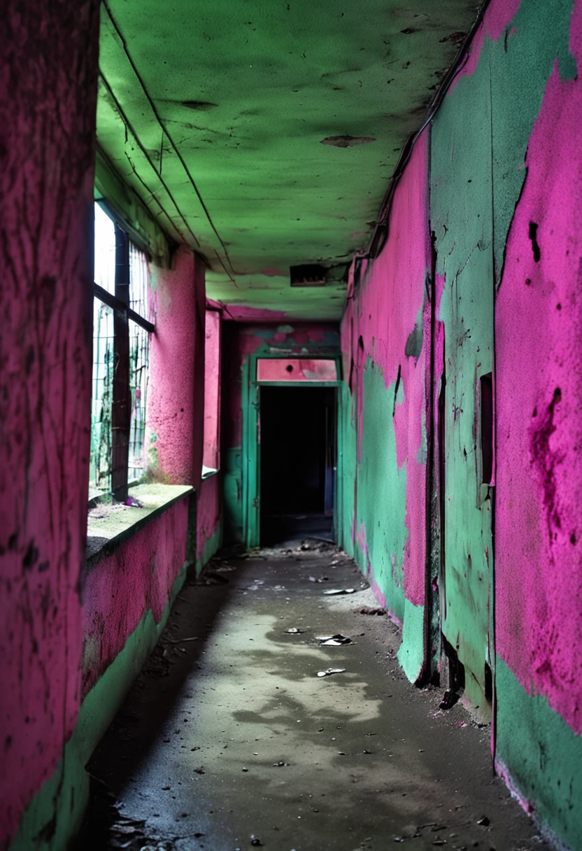 Overlooking a campus,There is a passage under the park,Gray-green tones,Broken,Paint off,cement wall,Rough room,darkly,unholy