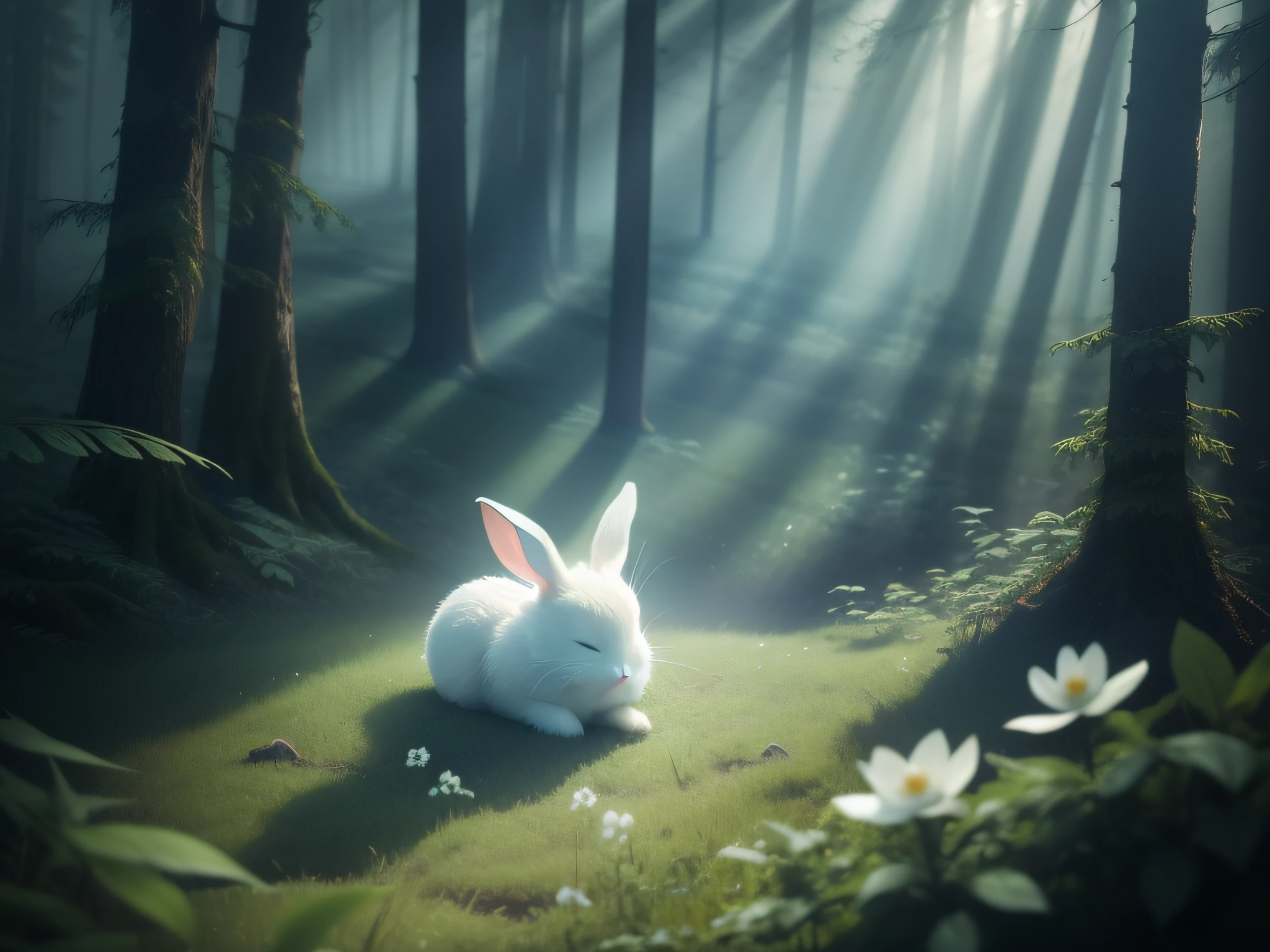 A little white rabbit sleeping in the forest,Aerial overhead shot,clean backdrop,depth of fields,largeaperture,photography of,volume fog,Halo,blooms,Dramatic atmosphere
