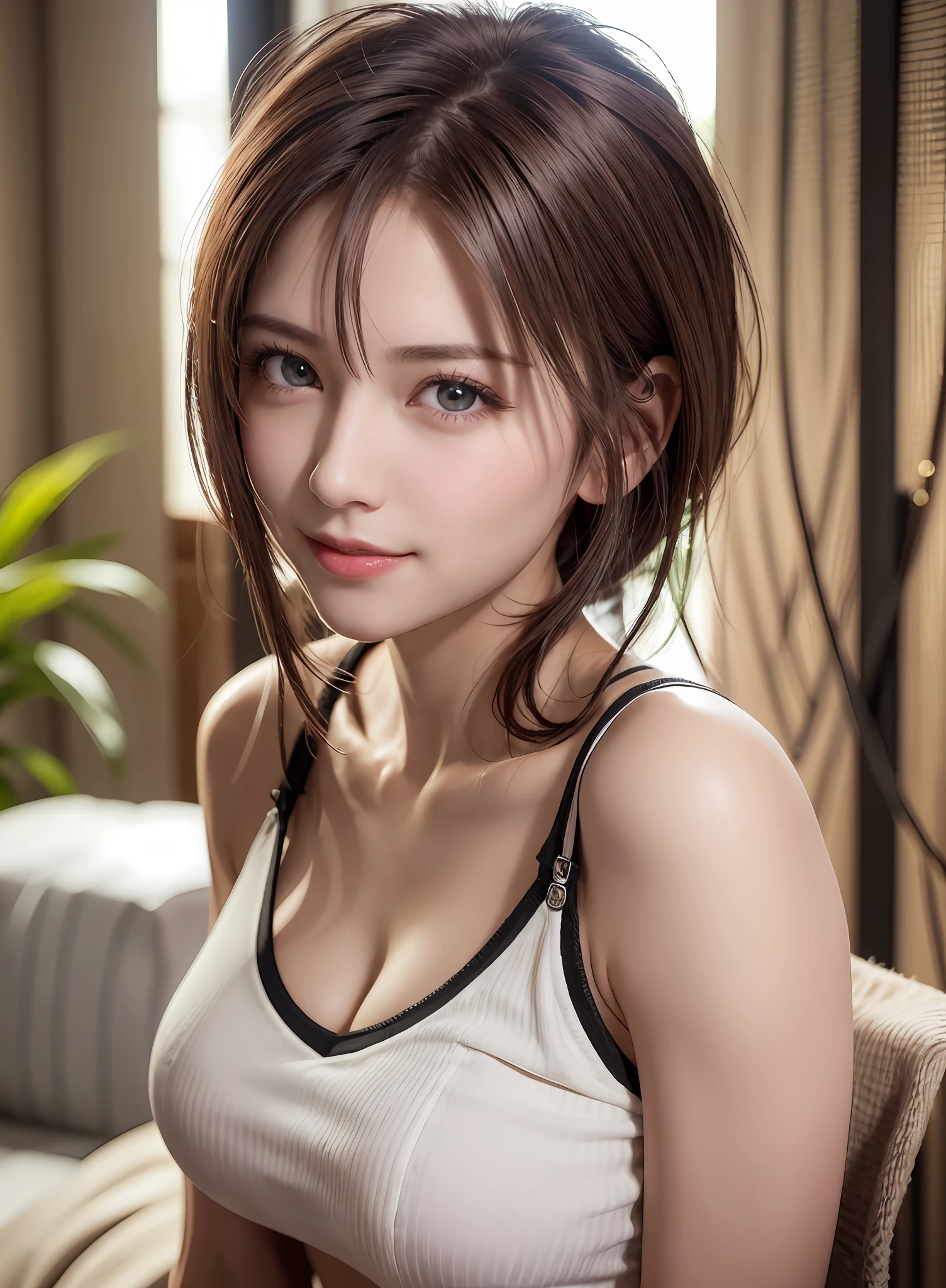 Top quality, ultra high resolution, (photorealistic: 1.4), beautiful eyes, super beautiful, short hair, beautiful breasts, lover, t-shirt with rough chest, eyes inviting viewer, lover's eyes, inviting facial expressions, sexy smile, perfect style, perfect balance, detailed skin, naughty eyes, chest visible