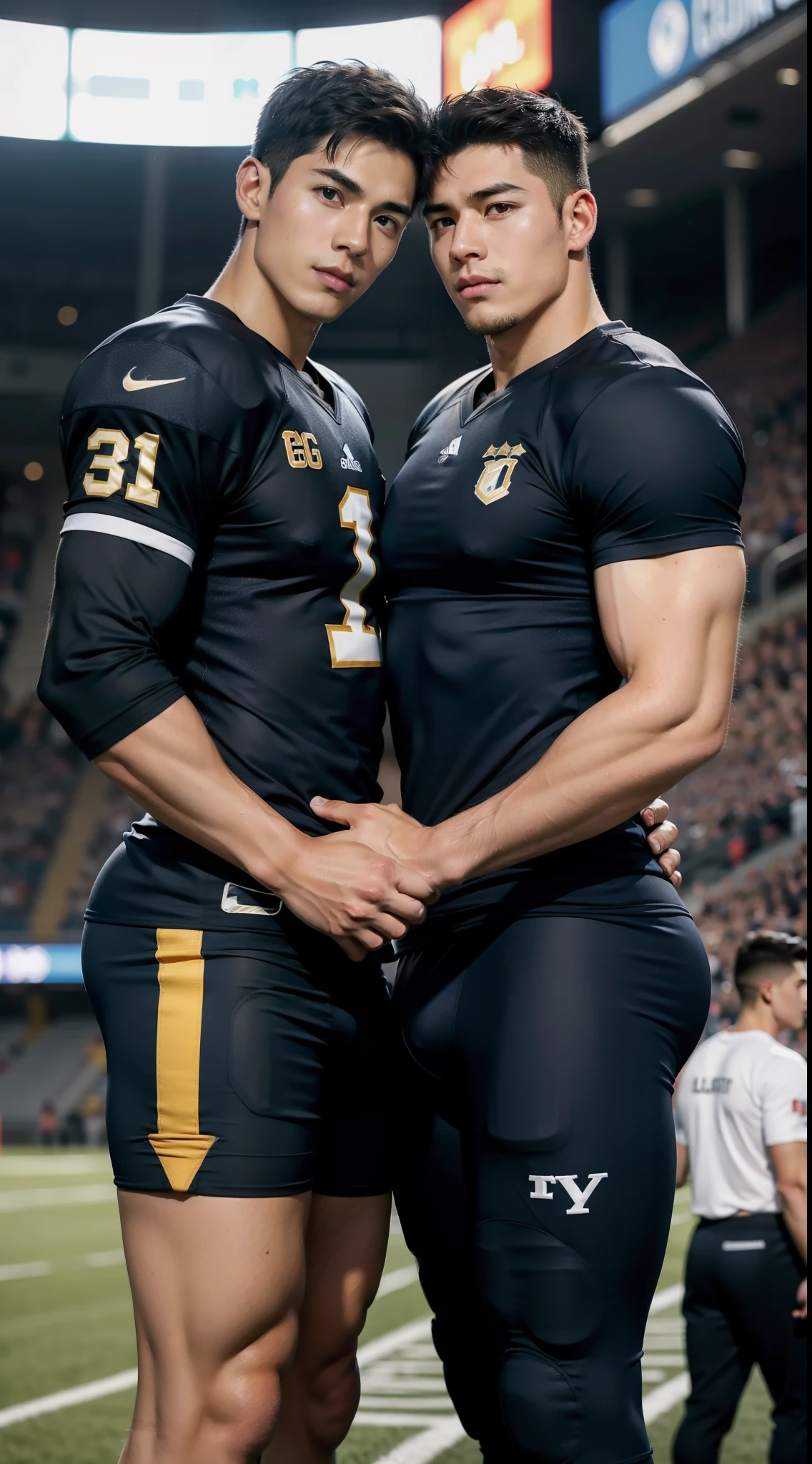 2 Boys,Football venues,sweat leggs,Photos during exercise,Football player costume,,Masculine,Exquisite facial features,virile,musculature,rich facial detail(The crotch is raised)full bodyesbian