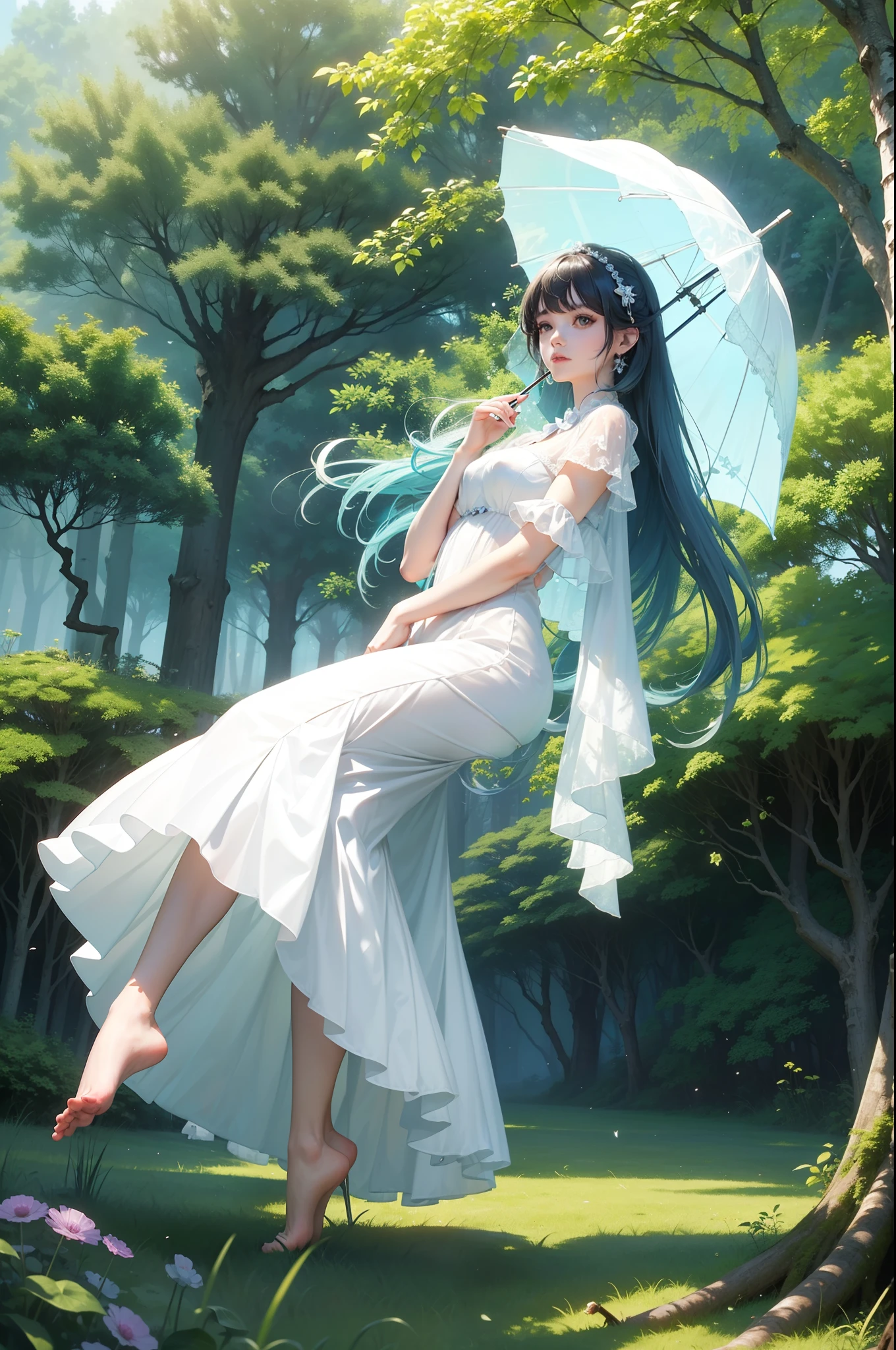 Ultra Detail,High quality,Photorealsitic,surrealism、Pale shades、1womanl,Floating in the forest、Colorful parasols、Transparent parasol, Fluffy flying like a jellyfish, Creates a beautiful shade on the ground,female focus,Soft Focus.No human