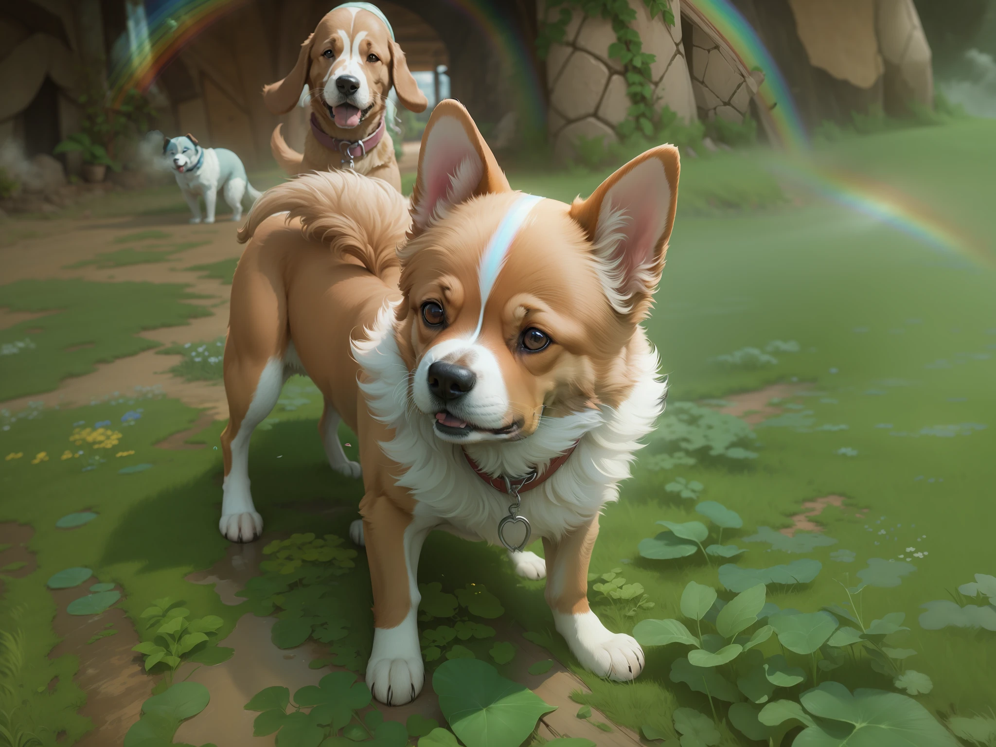 Three dogs in a paradise full of clouds and rainbows