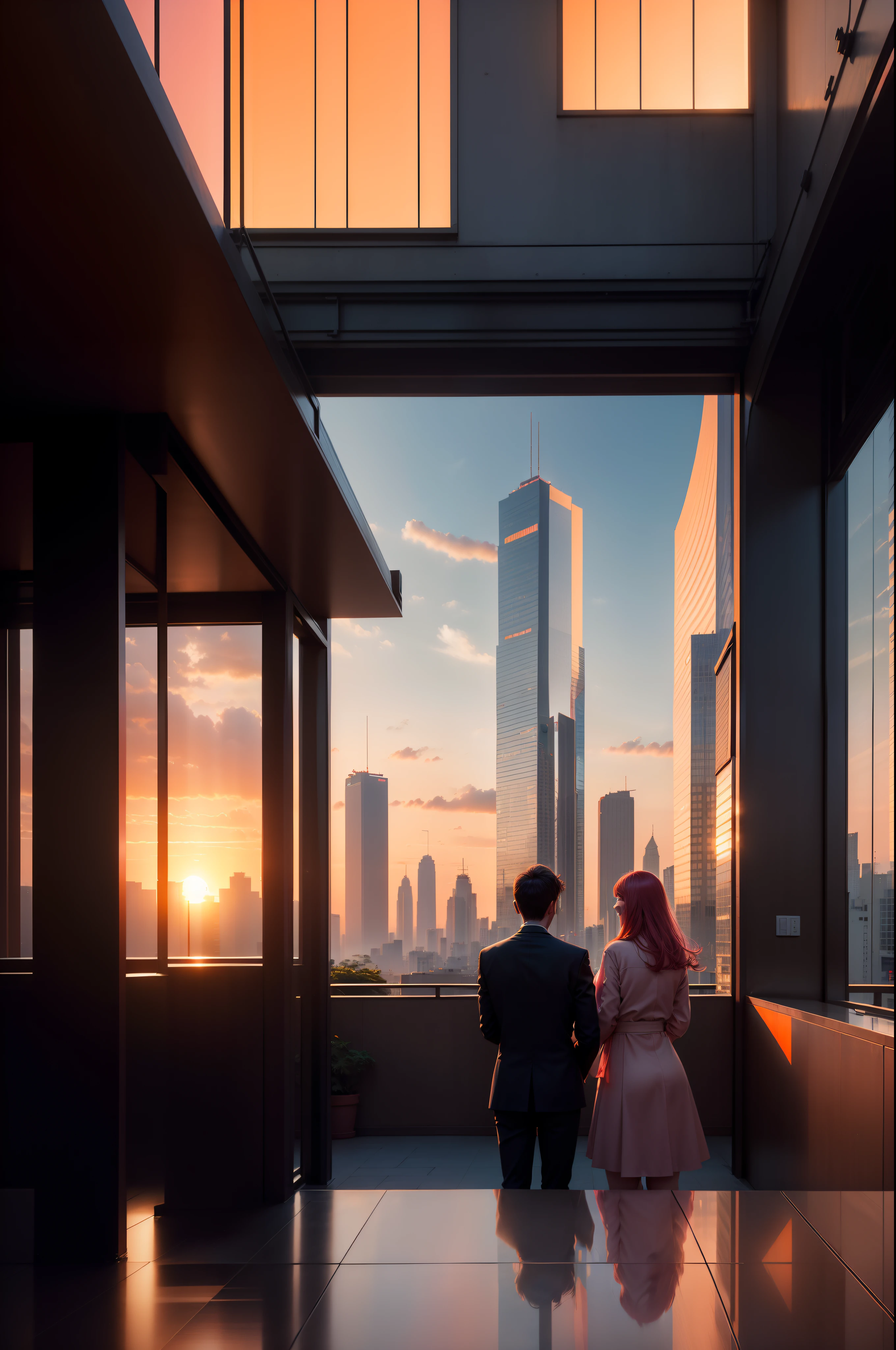 at the sunset, 城市, Skyscrapers, a person々Flow of, Building windows, Warm light, Walkway, a person々, cafe terrace, Friends, Laughing, Skysky, an orange, pink there, tints, Urban hustle and bustle, Beautiful sunset, harmony