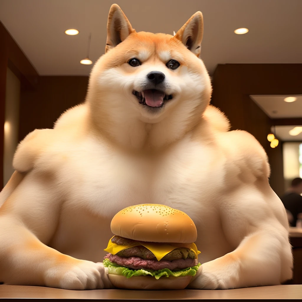 a professional photo of [((((buff Swoledoge)):buff Swoledoge:8], smiling, dog body, eating in a stainless steel bowl with meat and vegetables, cinematic dramatic light, smooth transition, bokeh