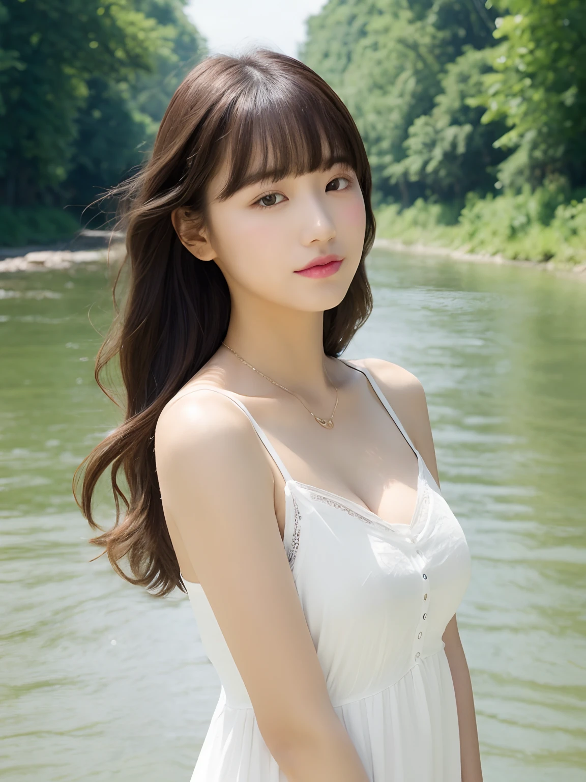 White Cami Dress、a river、stright long hair、bangss