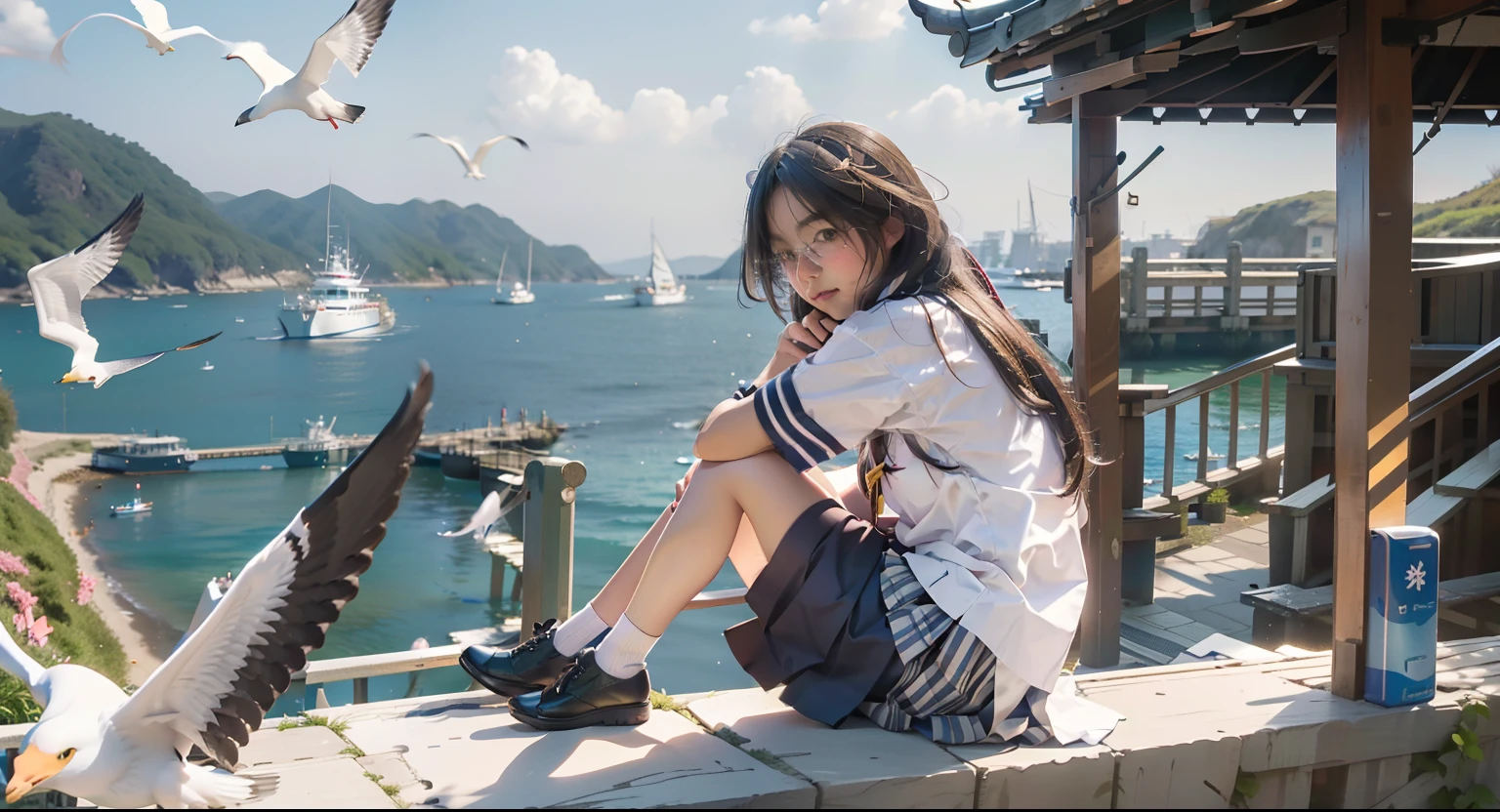 In a Japanese anime style，A schoolgirl sits on an embankment by the sea，Wear a student uniform，Long hair flutters in the wind，There are boats and seagulls in the distance，Blue sea