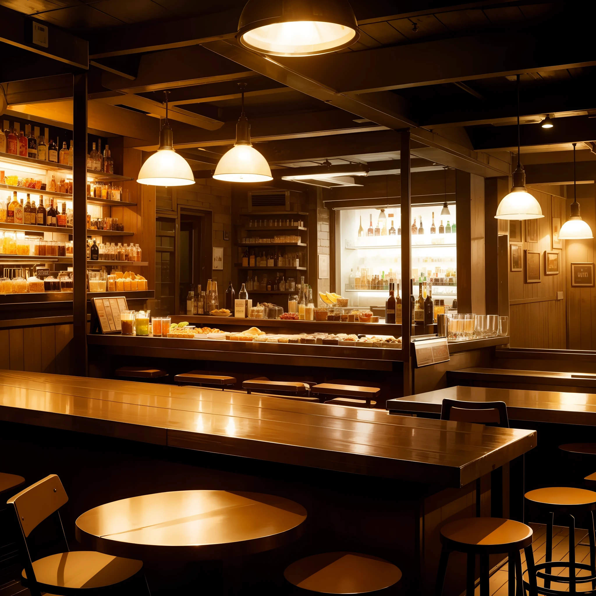 deep in the night，In a snack bar where no one is，There is a table and a bar，Bright lights，There are no guests