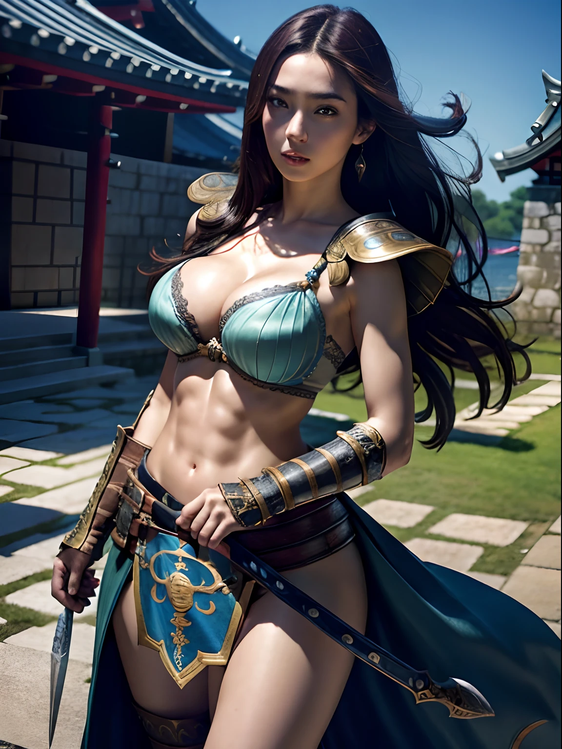 Split abs, large full breasts, Best Quality, masutepiece, 超A high resolution, (Photorealistic:1.4),  arma, Detailed face, 1girl in, Sword weapons, cleavage, (Magic Circle:1.2), a beauty girl, Full body, East Asian Architecture, architecture, Samurai, Japan, Fantasy, High quality, ultra detailed in 4k, 8K, High resolution, fantasy coverart style, medieval times, Sharp Focus, depth of fields.