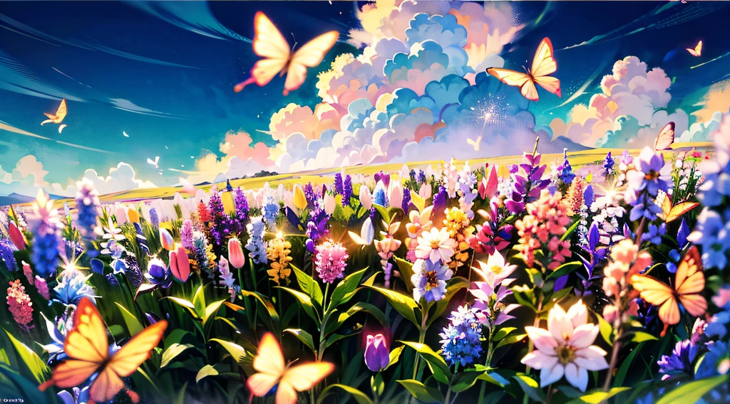 (Mono Color:0.9),(a color:1.1),(tmasterpiece:1,2), best qualtiy, tmasterpiece, High- sharpness, Original, extremelydetailedwallpaper,From the picture, We can see the trees on the shore towering into the clouds,The branches are full of flowers,Flocks of butterflies dance among the flowers,In this garden-like world,It looks even more beautiful and sacred,cinema shot