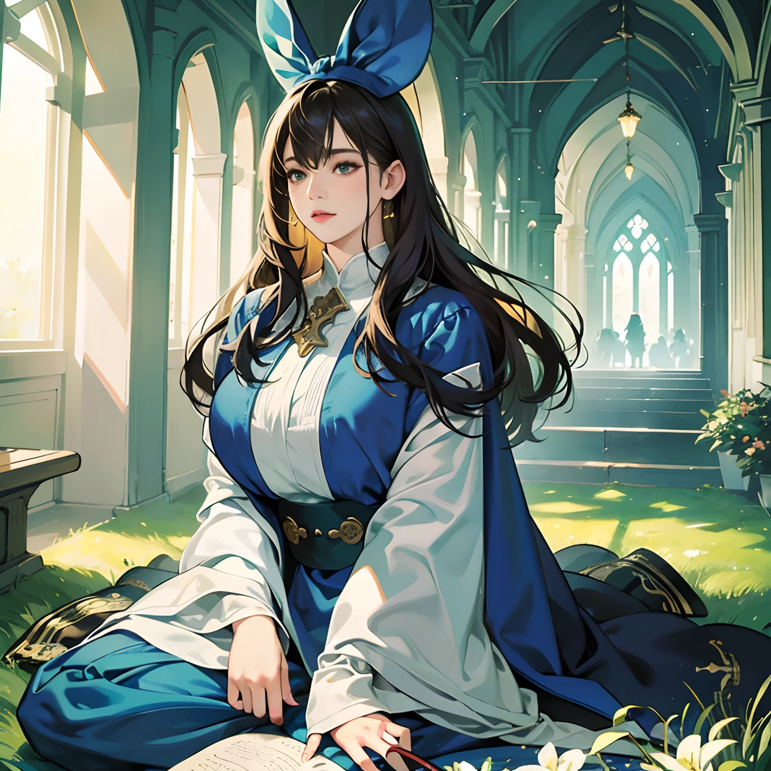 Women in Their 20s, Fantasia、offcial art, unity 8k wall paper, ultra-detailliert, beautifly、Aesthetic, masterpiece, top-quality, Photorealsitic、clergyman、Saint a girl、Cultivated woman、Blue clothes in cross design、Bunching hair、Staring at this、Healing Magic、Have a Bible、Church yard、Green Tree々、White rabbit、depth of fields, Fantastic atmosphere, Calm palette, tranquil mood, Soft shading、bbw、very large breast、plump figure、