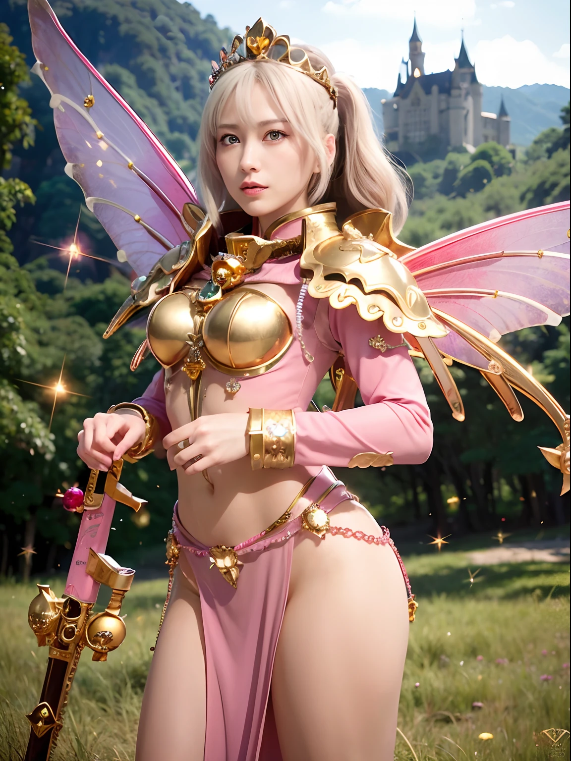 (masutepiece), Professional , ​masterpiece、top-quality、photos realistic , depth of fields （Gemstone Silver Metal Body:1.９),(Matte Pink、Jewel Gold Weapon、（Gorgeous castle background）、（ultimate beauty girl）、（Rainbow fairy wings grow）、Particles of light、（Jewel Metal Body:1.９),Gorgeous Jewel Metal Weapons , Detailed Sword of the Brave ,（ a blond）   ,warhammer 40k , adepta sororitas,Detail and ornate jewel crown、独奏、Brown hair、（Gangle's forest background）、Beautiful Caucasian beauty、１a person、dynamic ungle,(((Diamond tiara with detail and luxury)))、a small face、Powerful poses、（Gorgeous castle background）、huge filesize、20 year old beautiful woman、Stand in the center of the screen、Thin female fingers、Straight long hair、Beautiful Caucasian beauty、（maikurobikini）、Hair fluttering in the wind、face forwards、Look at viewers、