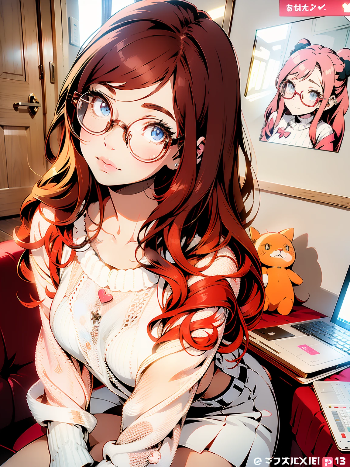 arafed woman with glasses and a white sweater posing for a picture, amouranth, belle delphine, better known as amouranth, cute young redhead girl, with glasses, 8k)), anime girl in real life, redhead girl, anna nikonova aka newmilky, young beautiful amouranth, cosy vibes, with long hair and piercing eyes