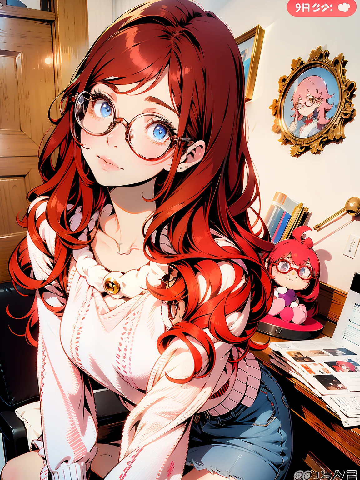 arafed woman with glasses and a white sweater posing for a picture, amouranth, belle delphine, better known as amouranth, cute young redhead girl, with glasses, 8k)), anime girl in real life, redhead girl, anna nikonova aka newmilky, young beautiful amouranth, cosy vibes, with long hair and piercing eyes