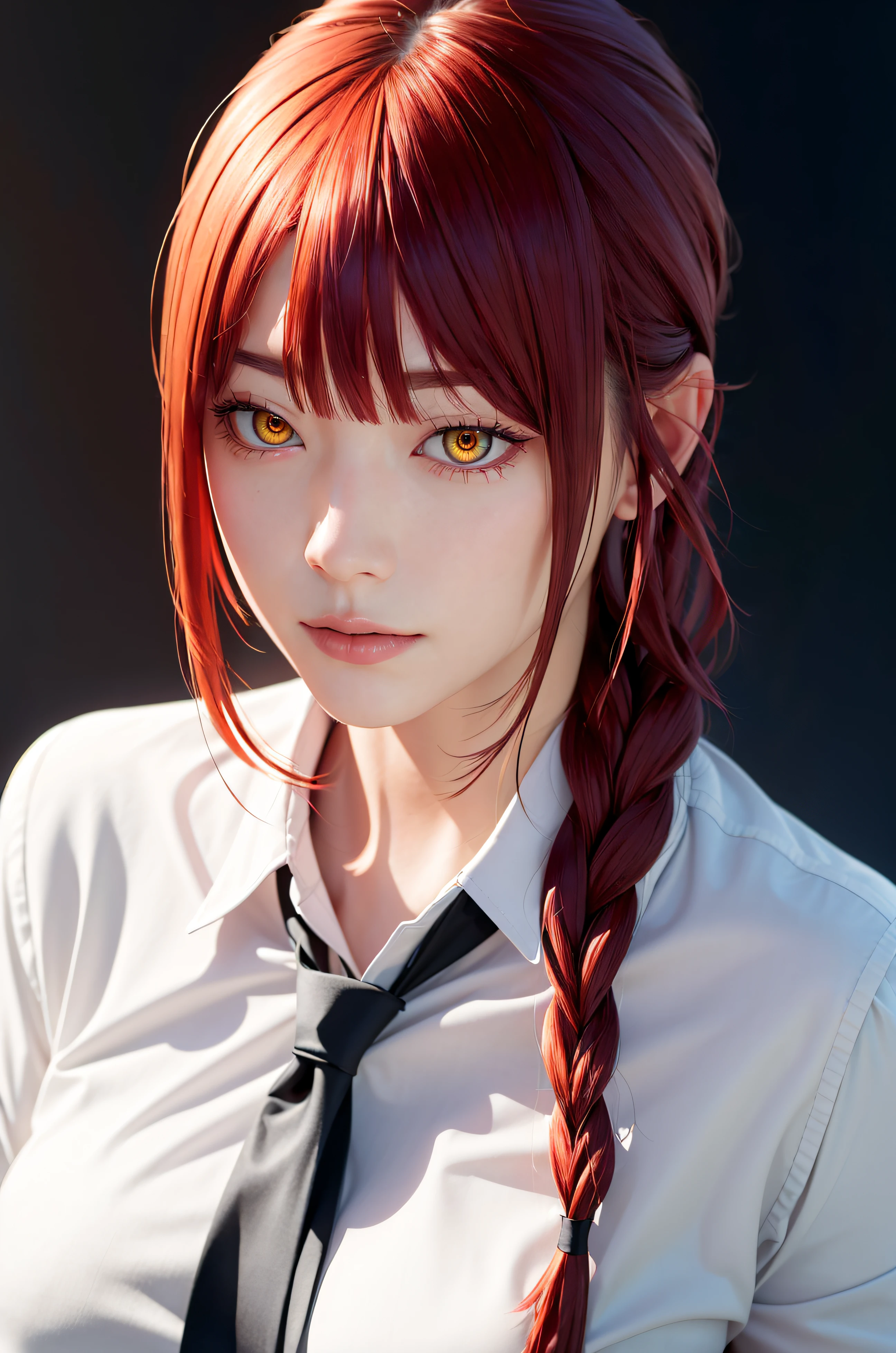 masterpiece, (photorealistic:1.4), best quality, beautiful lighting,
(ulzzang-6500:0.5), makima \(chainsaw man\), (red hair)+(long braided hair)+(bangs), yellow eyes, golden eyes, ((ringed eyes)), (white shirt), (necktie),
RAW photo, 8k uhd, film grain