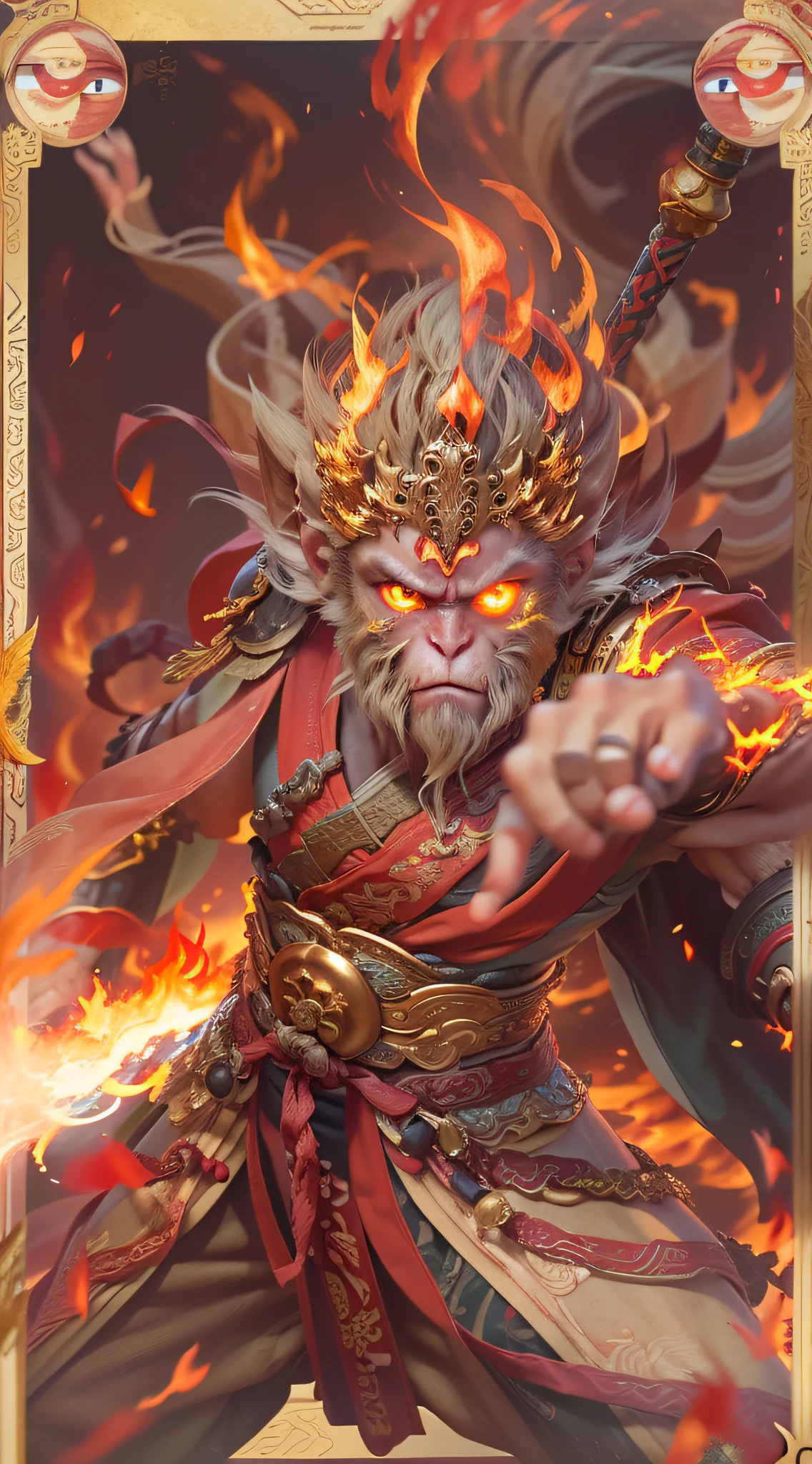 1 Monkey King，Sun Wukong holds a golden stick，((Fire-eyed golden eyes:1.5))，((Complete golden stick)),Put on the flame armor，Fighting posture，Red ribbon，Clouds of flame under your feet,tmasterpiece，((The background is the Forbidden City, Oriental ancient city))，Cloud fog，8K，high definition resolution，Detailed detail drawing，very photoreal，