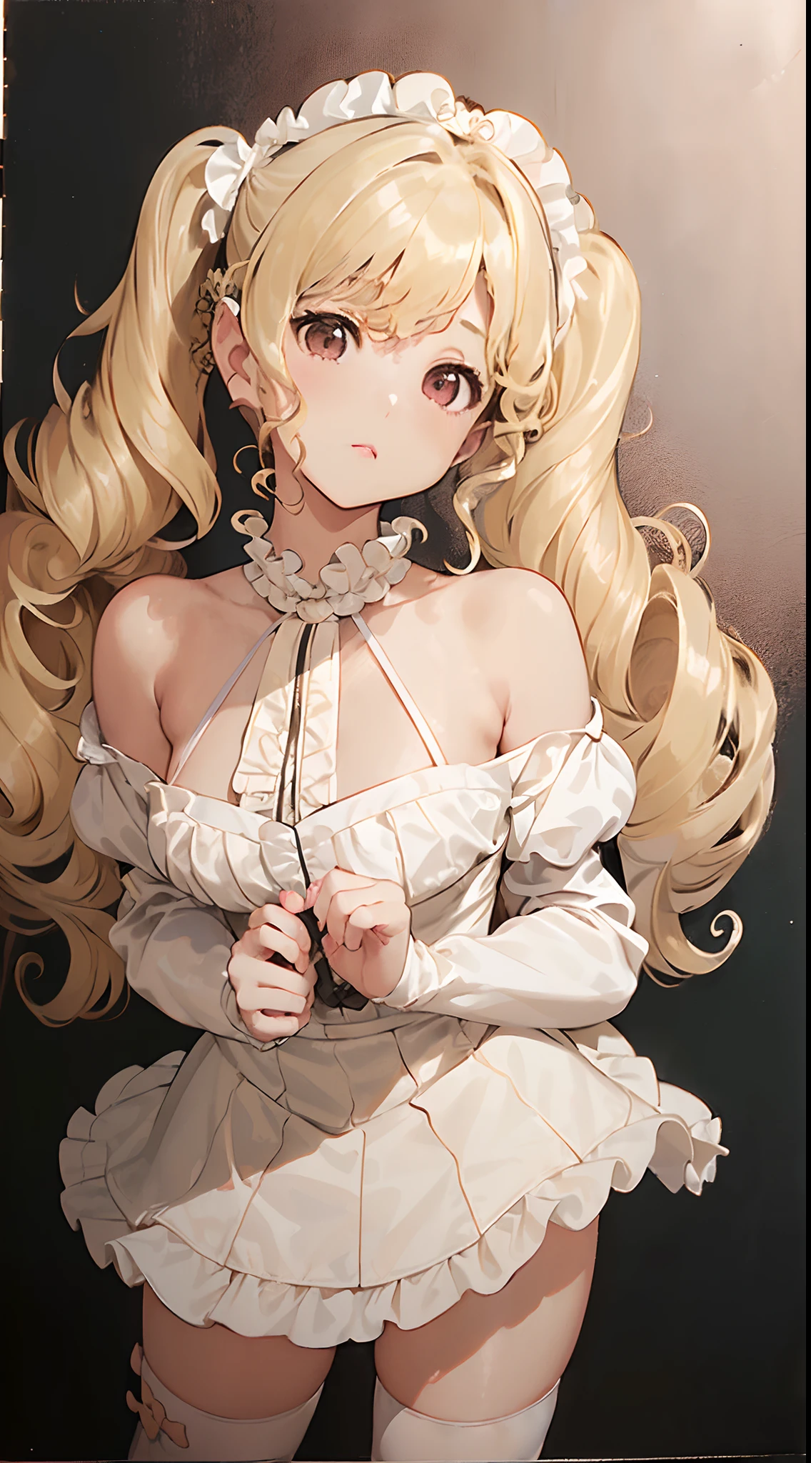 ((((a blond、curly twintails、Muchimuchi 、)))))、Soio、One Woman、individual、、facing front、frontage、girl with、(Face Details:1.2)、masterpiece、Silver eyes、super precision、top-quality、Top image quality、Ultra-precise depiction、8K picture quality、simple background、(((((off shoulders、Ruffled dress、frilled blouse、a miniskirt、tight skirts、flered skirt、knee high socks、frilld))))))、、Detailed hand、Detailed finger、simple background、white backgrounid、(((((bustshot、Upshot)))))、large full breasts、thick legs、