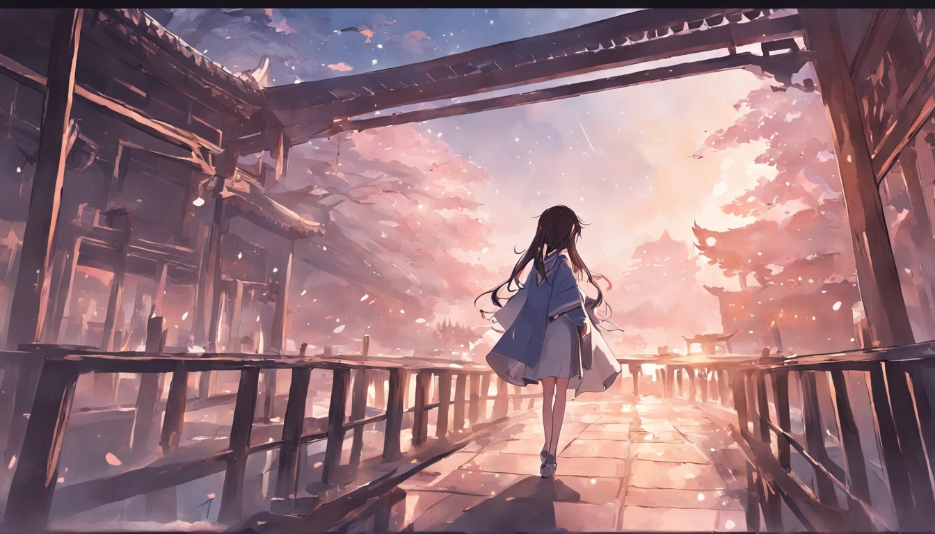 (1boys), (1girll), wood bridges, magpie, Clouds, Skysky, themoon, the night, wide wide shot, ,Hanfu,long whitr hair, sideface, Eye contact, take hand, The light from the back window is backlighted, The light from the back window is backlighted, flying petal, , BREAK BREAK BREAK, SFW, (tmasterpiece:1,2), best qualityer, tmasterpiece, A high resolution, Original, extremelydetailedwallpaper, perfect litthing, (VerydetailedCG:1.2), ,