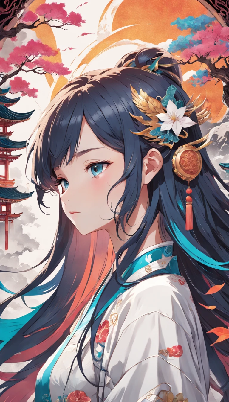 (White background:1.4),(Silhouette of a girl's head, Eyes closed, colorfull long hair, Oriental elements)，(Chinese illustration:1.3，paper art:1.3, Quilted paper art:1.2),( reasonable design, Clear lines, High sharpness,Best quality, Very detailed, Masterpiece, movie light effect, 4K )