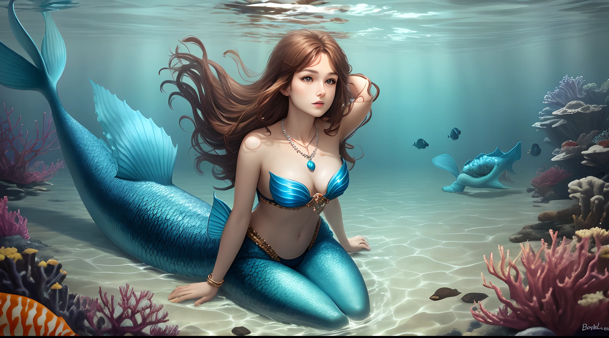 merfolk，Brown hair long，captivity，Open chest，Deep sea blue necklace
