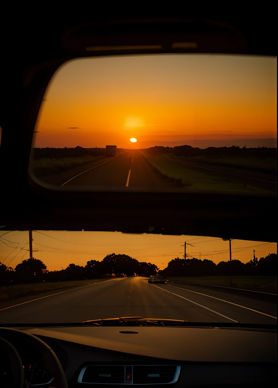 the setting sun，evening light，view from long distance，realisticlying，plethora of colors，Gorgeous and colorful，Shoot at night，positive，natural style，hdr shot，Inside the car，Look inside the car，Sunset directly ahead，Faraway view，Blurred foreground，Ultra-clear details，Ultra photo realsisim，telephoto lenses