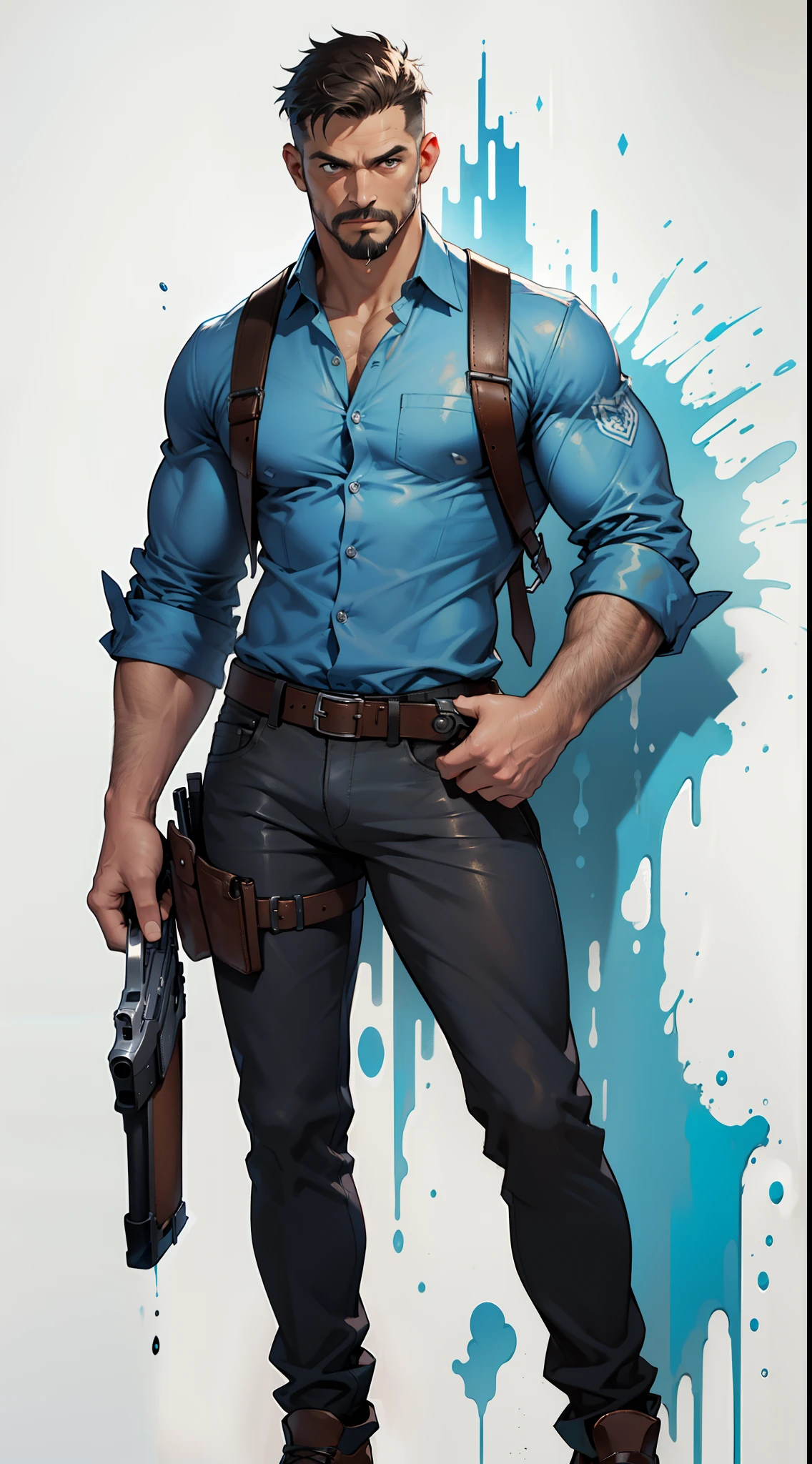 1 man, male focus solo, middle aged man, tall, lean muscle, light blue shirt, brown leather shoulder holster, faded black trouser, full body shot, black short hair, facial hair, holding a pistol with two hands, (pistol:1.2), ultra high quality, masterpiece, low camera angle, intense splashed blue and white paint in the blackground