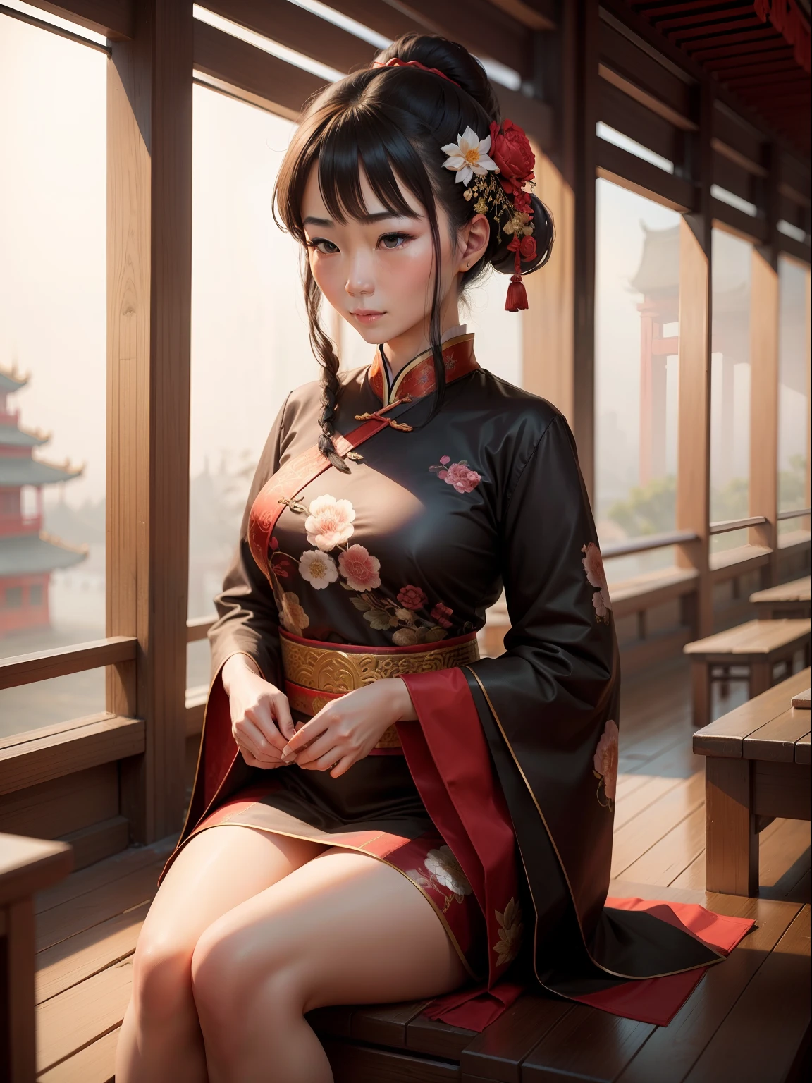 1 girl, sitting cross-legged, sexy seductive pose, (single, full-body, young, big breasts: 1.2), detailed face, shiny skin, skinny, long legs, intricate details, close-up of white dress with red buttons, white hanfu, cheongsam, traditional Chinese clothing, ancient white dress, Chinese costume, hanfu, white fashion clothing, white Taoist robe, traditional Chinese costume, Chinese ancient costume, traditional costume, classical robe, casual white clothes, white brocade fabric, damask dress
