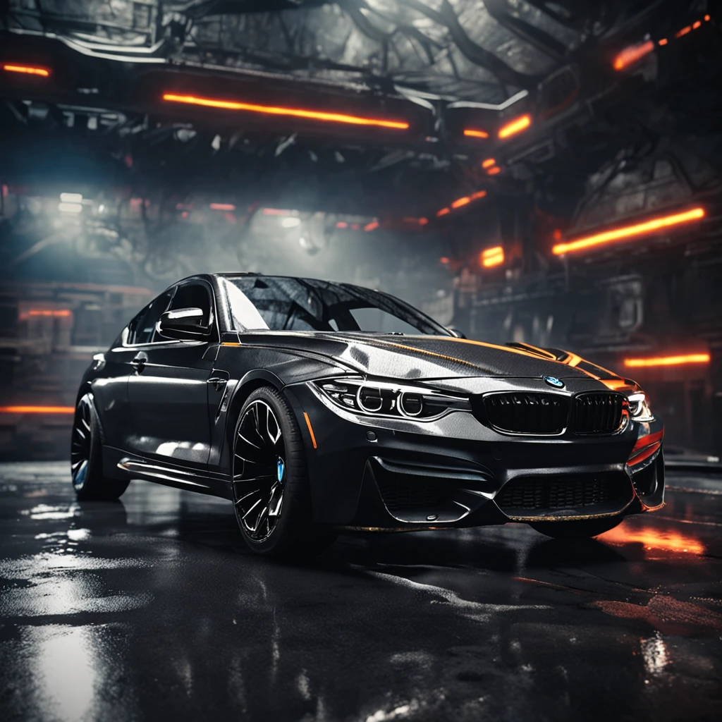 a smoky dark bacground behind a BMW car used for marketing, neon ambiance, abstract black oil, gear mecha, detailed acrylic, grunge, intricate complexity, rendered in unreal engine, photorealistic