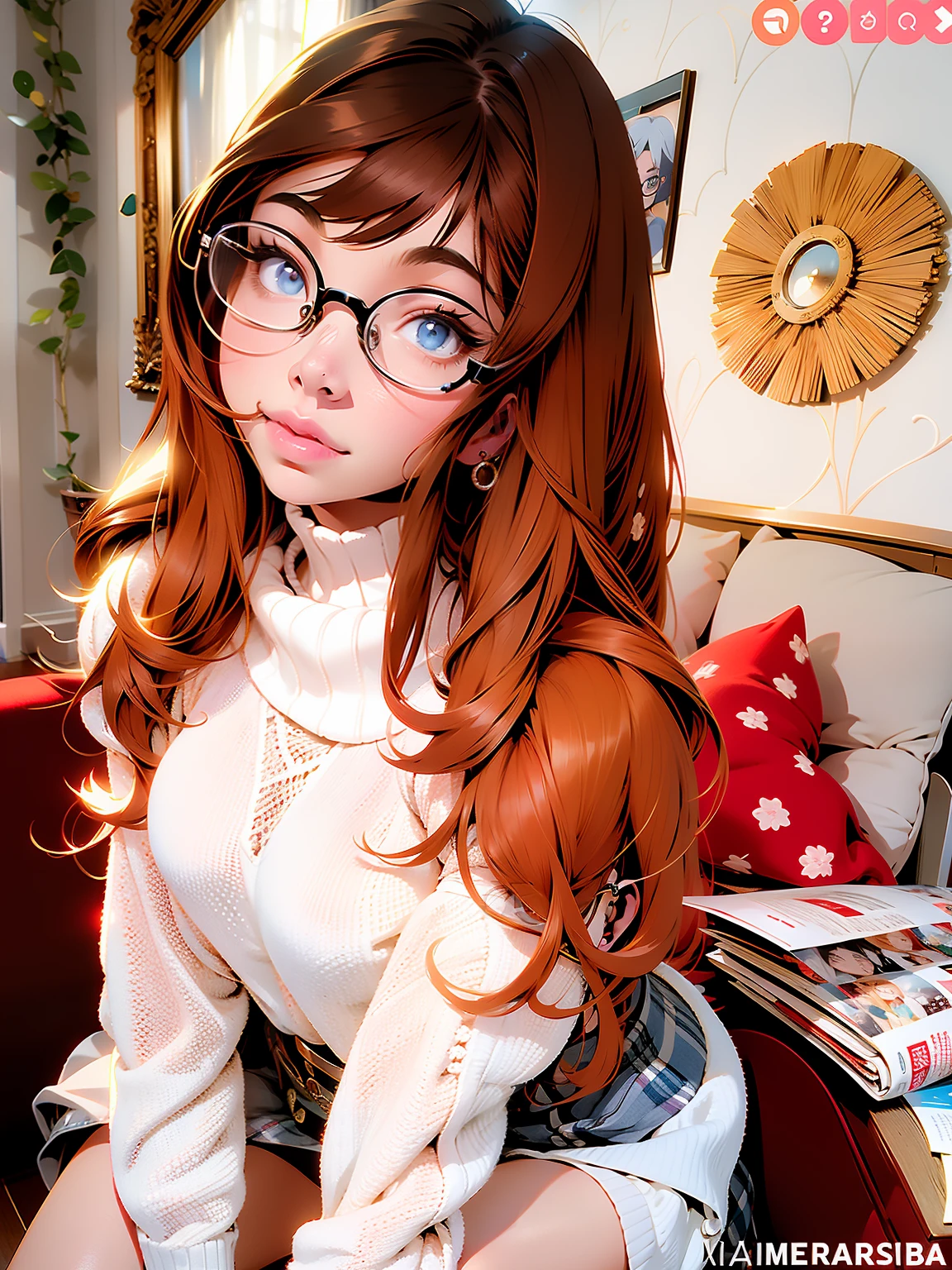 arafed woman with glasses and a white sweater posing for a picture, amouranth, belle delphine, better known as amouranth, cute young redhead girl, with glasses, 8k)), anime girl in real life, redhead girl, anna nikonova aka newmilky, young beautiful amouranth, cosy vibes, with long hair and piercing eyes