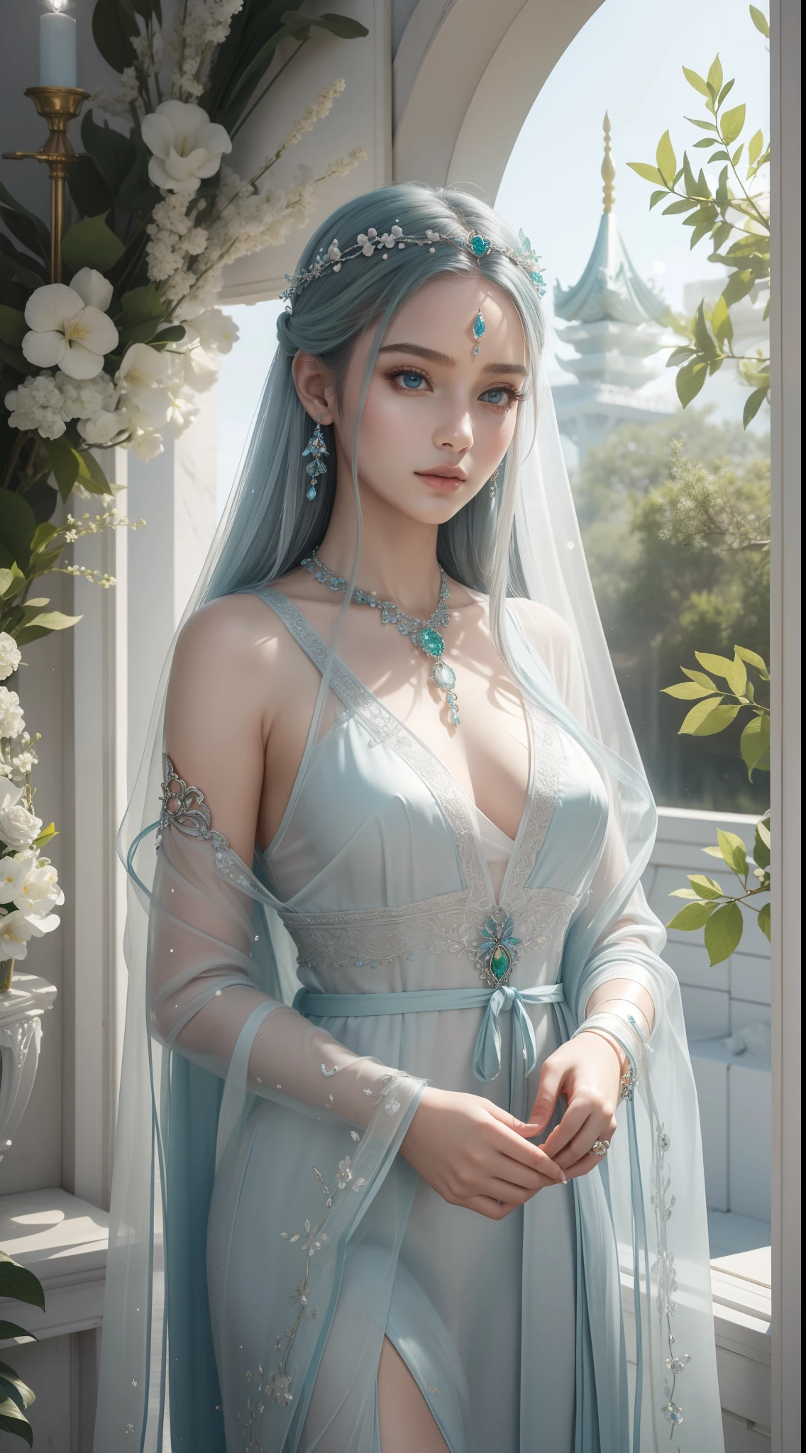 (masterpiece,best quality:1.4),(8k,raw photo,photo realistic:1.2),shiny skin,detailed skin,detailed face,detailed eyes, beautiful woman, beautiful face, Goddess of Healing, long silver hair, silk robe in pale blue and deep green tones, robe adorned with delicate flower and leaf embroidery, transparent crystal pendant, bracelet with small gemstones, glass shoes, White marble and light blue decorations of the Healing Temple, gentle light, transparent crystal carvings