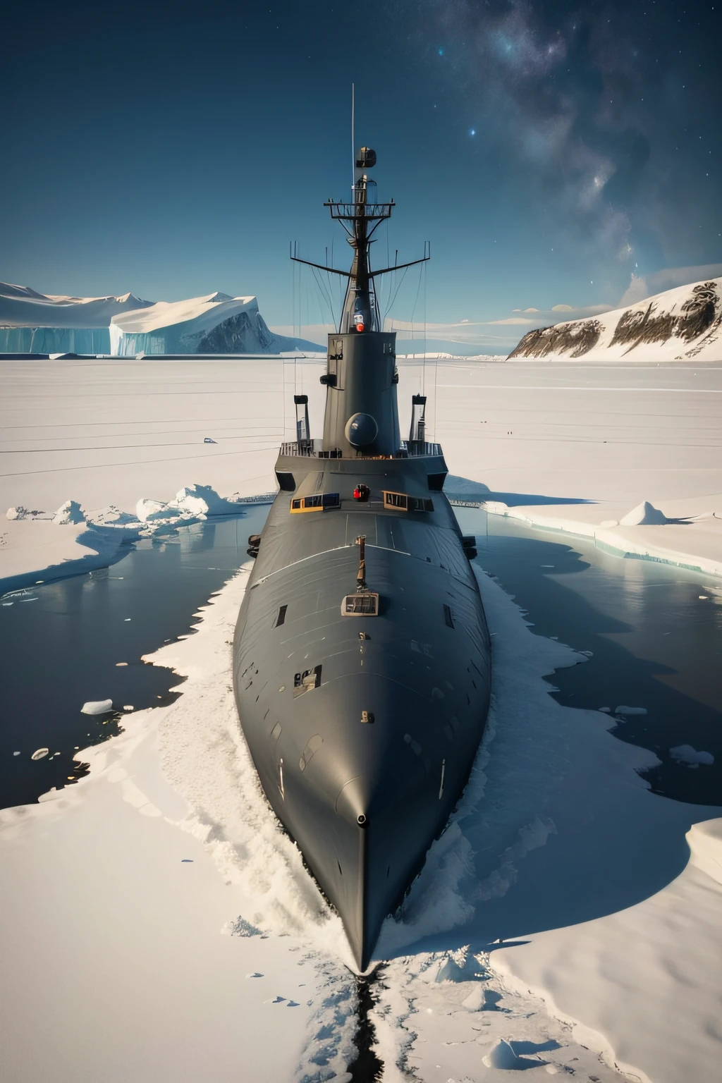 Nuclear submarine, surfaced among the polar ice. In the fence of the cabin, the commander looks through binoculars.
