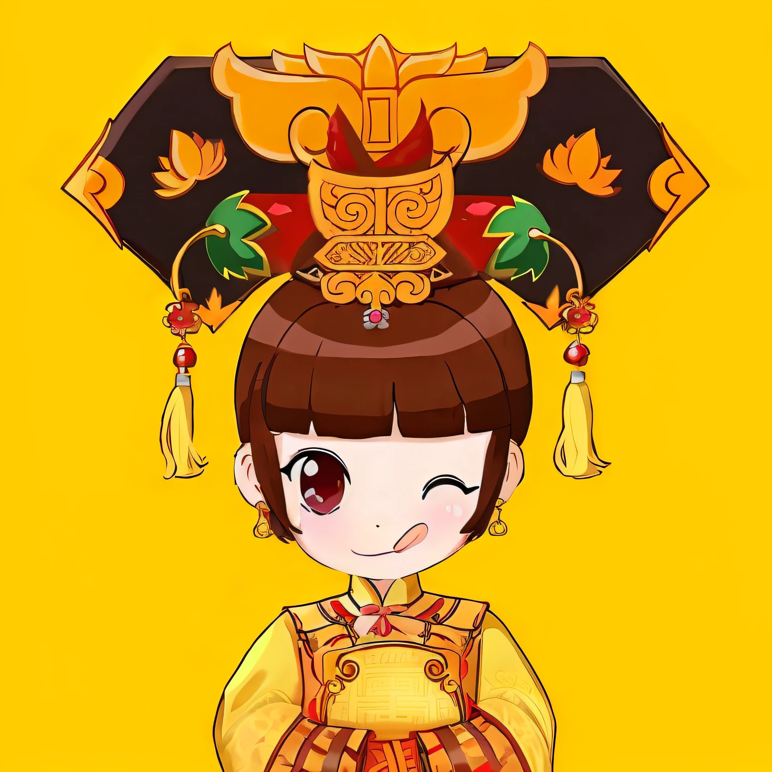 A cartoon girl with big headdress and yellow background, palace , A girl in Hanfu, China Princess, Princesa chinesa antiga, chinese empress, ancient asian dynasty princess, Wearing ancient Chinese clothes, Chinese costume, inspired by Park Hua, Chinese girl, Chinese traditional, a beautiful fantasy empress, inspired by Takehisa Yumeji, traditionalcostumes, traditionalcostumes