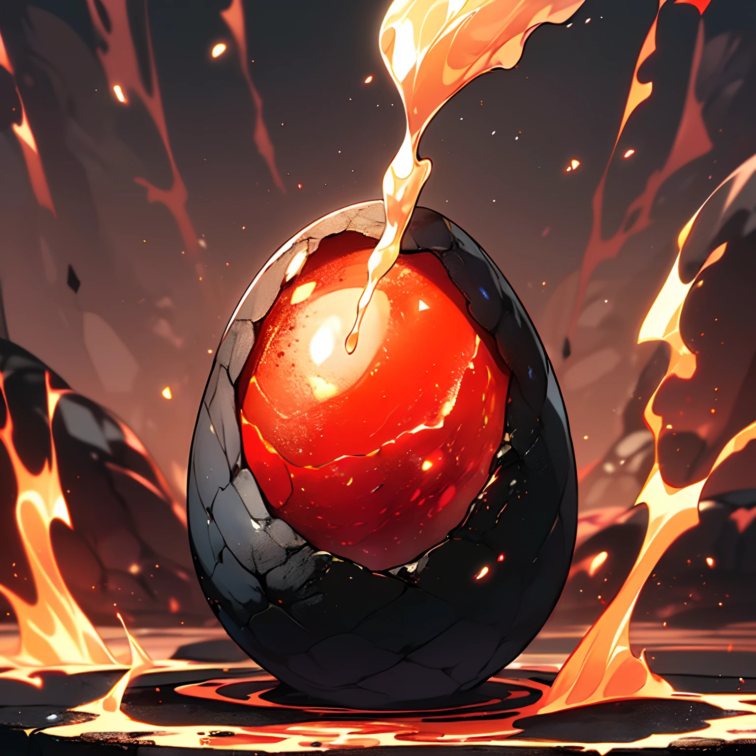 (8K、HighestQuali、tmasterpiece:1.2),UHD, retina, anatomically correct, textured skin, super detail, best quality, highres、Hyper-detailing,Solo,red aura,(Huge dragon egg in the shape of an oval:1.3),(The eggshell is as red as magma),A stream of orange-red gas，Spread outward like ripples,volcano background,(Stand on the floor made of black stone:1.3)+(Splashing magma everywhere:1.3),(Golden ratio:1.2),[(Red background:1.4)::10]
