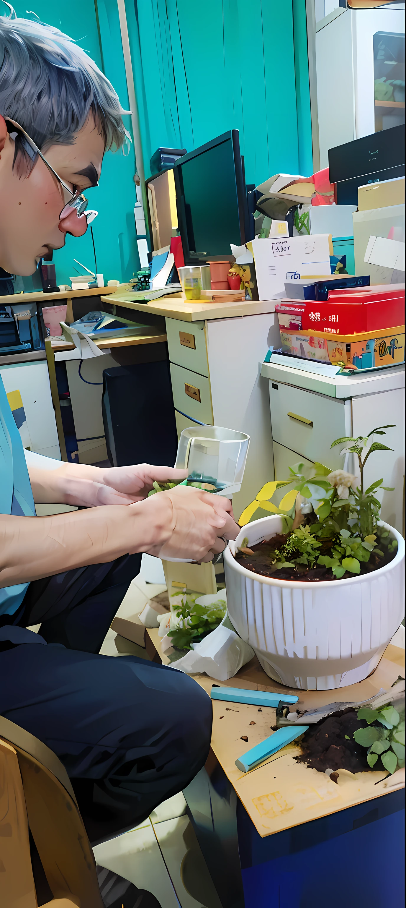 There was a man sitting at the table,wearing reading glasses,Holding a bowl of plants in his hand, filled with plants and habitats, Its bowl is filled with plants, Growing plants, lush plants and bonsai trees, tending on art station, nostalgic feeling, Natural mini garden, extremly intricate, Plants in pots, highly complex, high light on the left, competition winning, potted plant, miniature forest