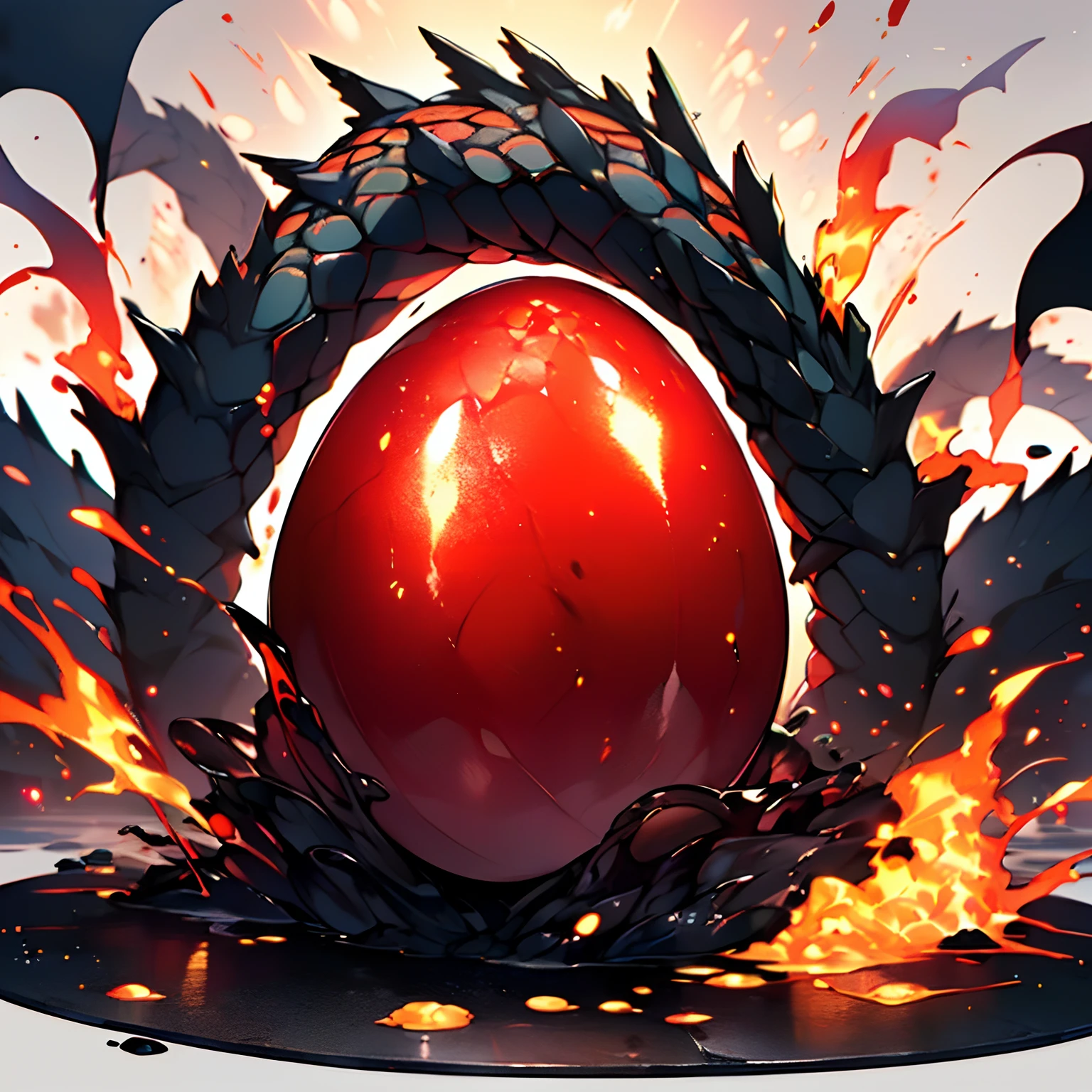 (8K、HighestQuali、tmasterpiece:1.2)、(hentail realism、pfotorealistic:1.37)、Hyper-detailing,Solo,red aura,(Oval dragon egg:1.3),(The eggshell is as red as magma),A stream of orange-red gas，Spread outward like ripples,volcano background,(Stand on the floor made of black stone:1.3)+(Splash the magma around:1.3),(Golden ratio:1.2),[(Red background:1.4)::10]