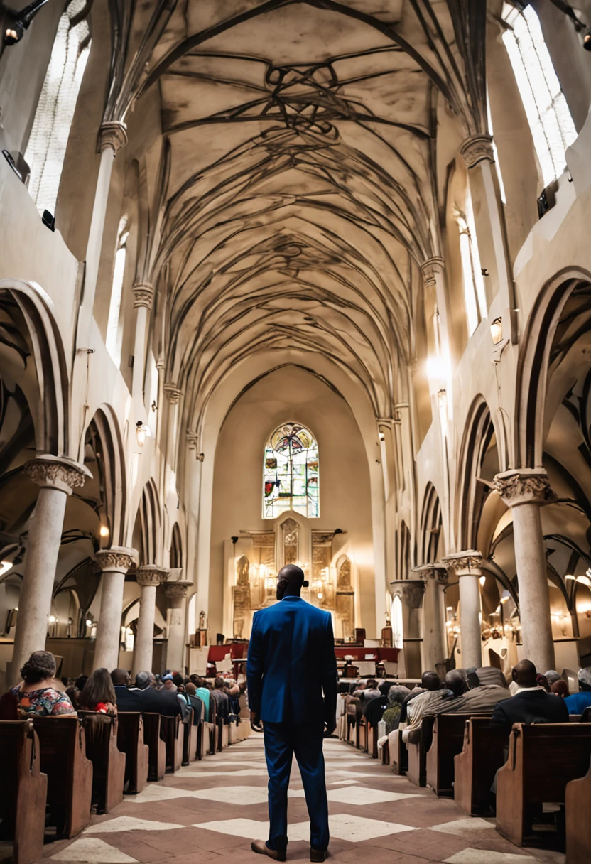 (extremamente realista, impeccable quality), Engaging portrait of a black pastor preaching with passion in a church (personagem principal: pastor de pele negra, ambiente principal: igreja, Main Action: pregando)