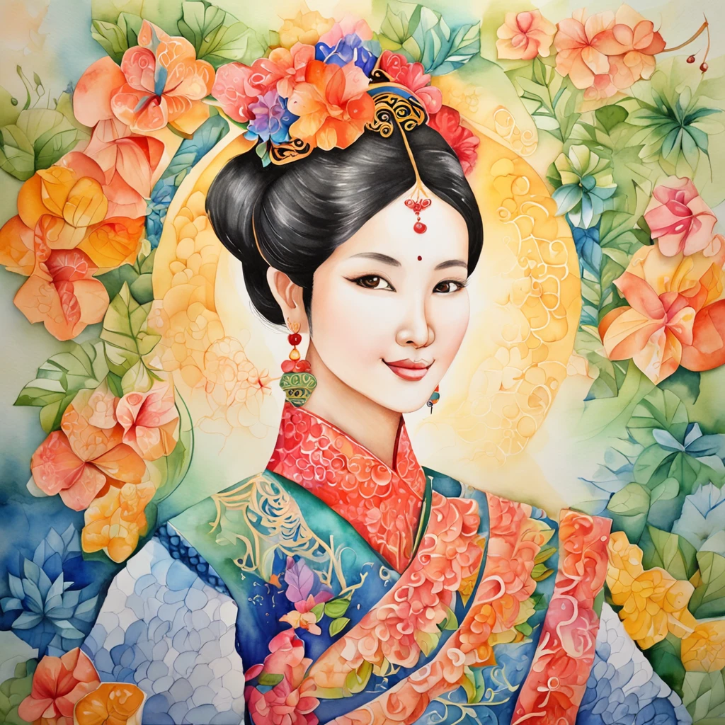 (FULL BODYSHOT:1.4), colorfull background, (1 young girl, aodai, nhat binh, nhat binh dress, Halo, Exquisite headdress, Smile), (paper art, Quilted Paper Art, Geometry), highly colorful