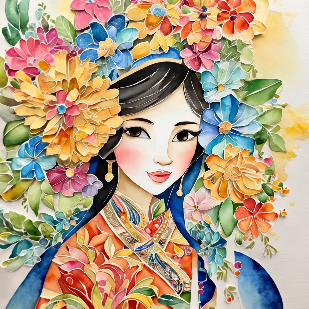 (FULL BODYSHOT:1.4), colorfull background, (1 young girl, aodai, nhat binh, nhat binh dress, Halo, Exquisite headdress, Smile), (paper art, Quilted Paper Art, Geometry), highly colorful