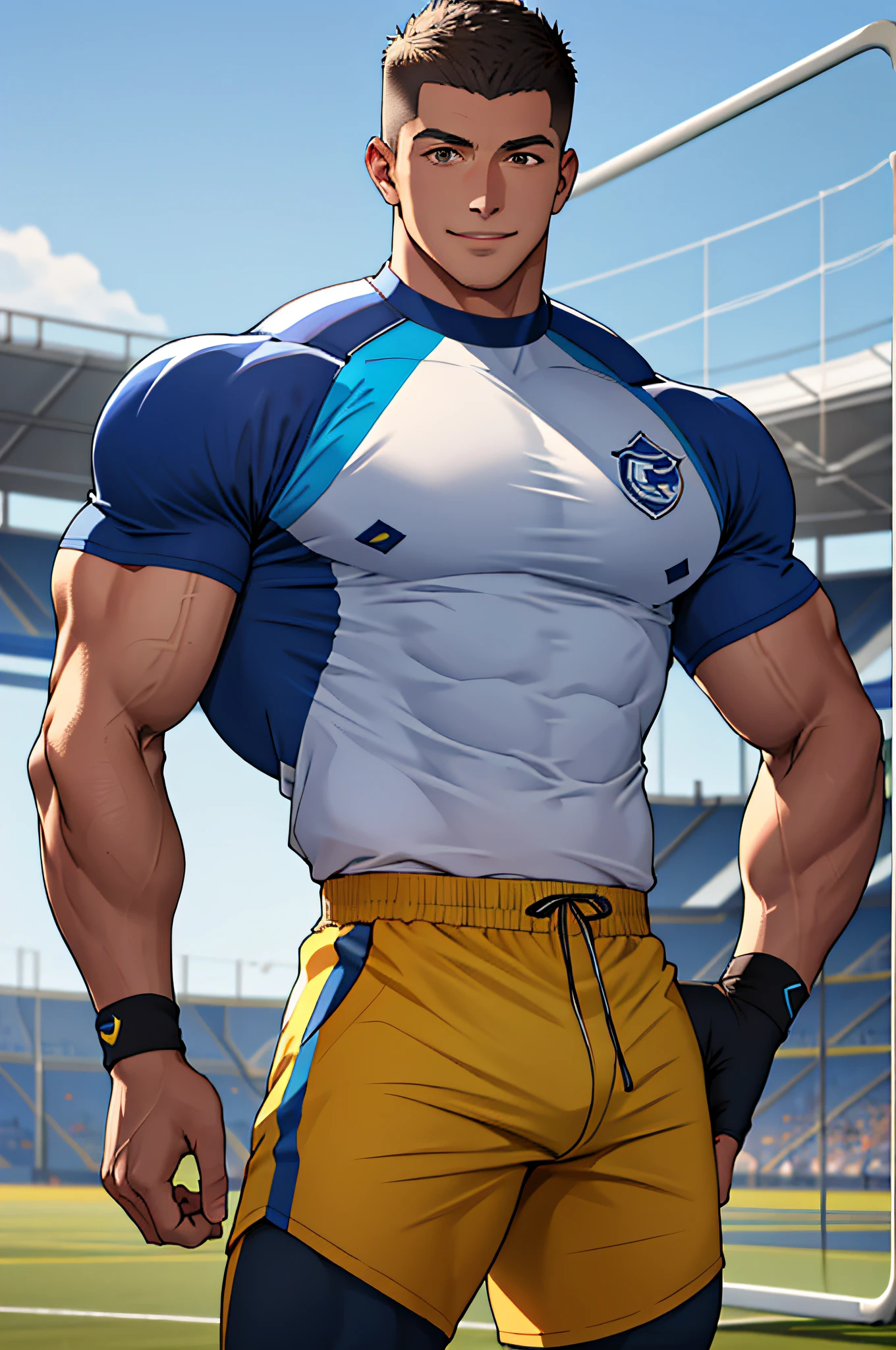 Draw a full-fledged athlete,Stand on the central field of the gym,He wears high-end sportswear,The man looks confident and determined,rays of sunshine,cheerful big breasts,Handsome,Crew cut,full bodyesbian,shooting from below,