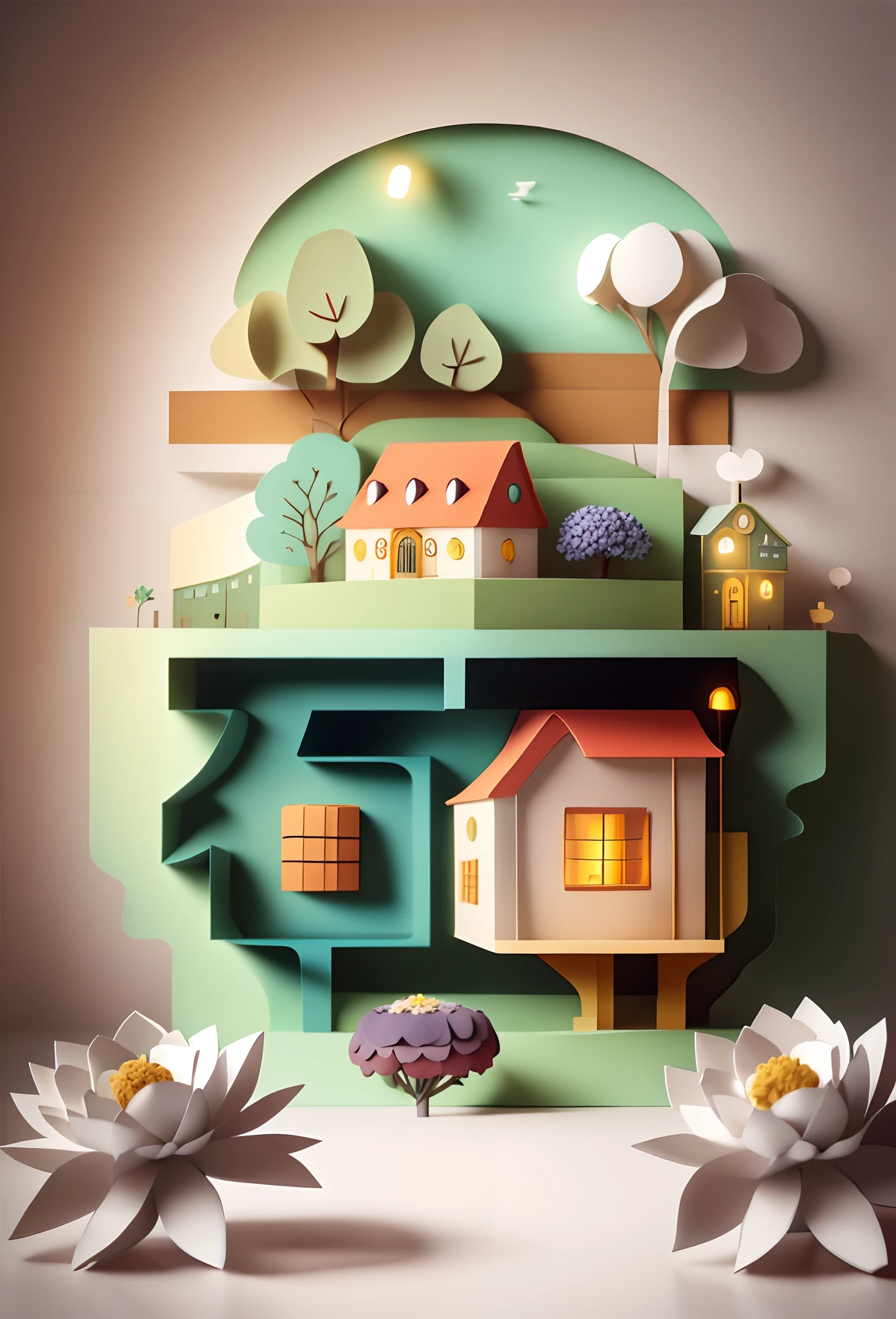 cute world of wool felt, wool knitted fabric, cartoon, some small houses, farms, barracks, warehouses, flower houses, super cute, superb lighting, volumetrics, by Jon Klassen, Ghibli Studio style, Tilt - shift, 80mm lens, Large aperture, 3d, blender, masterpiece, super detail, best quality, --v6